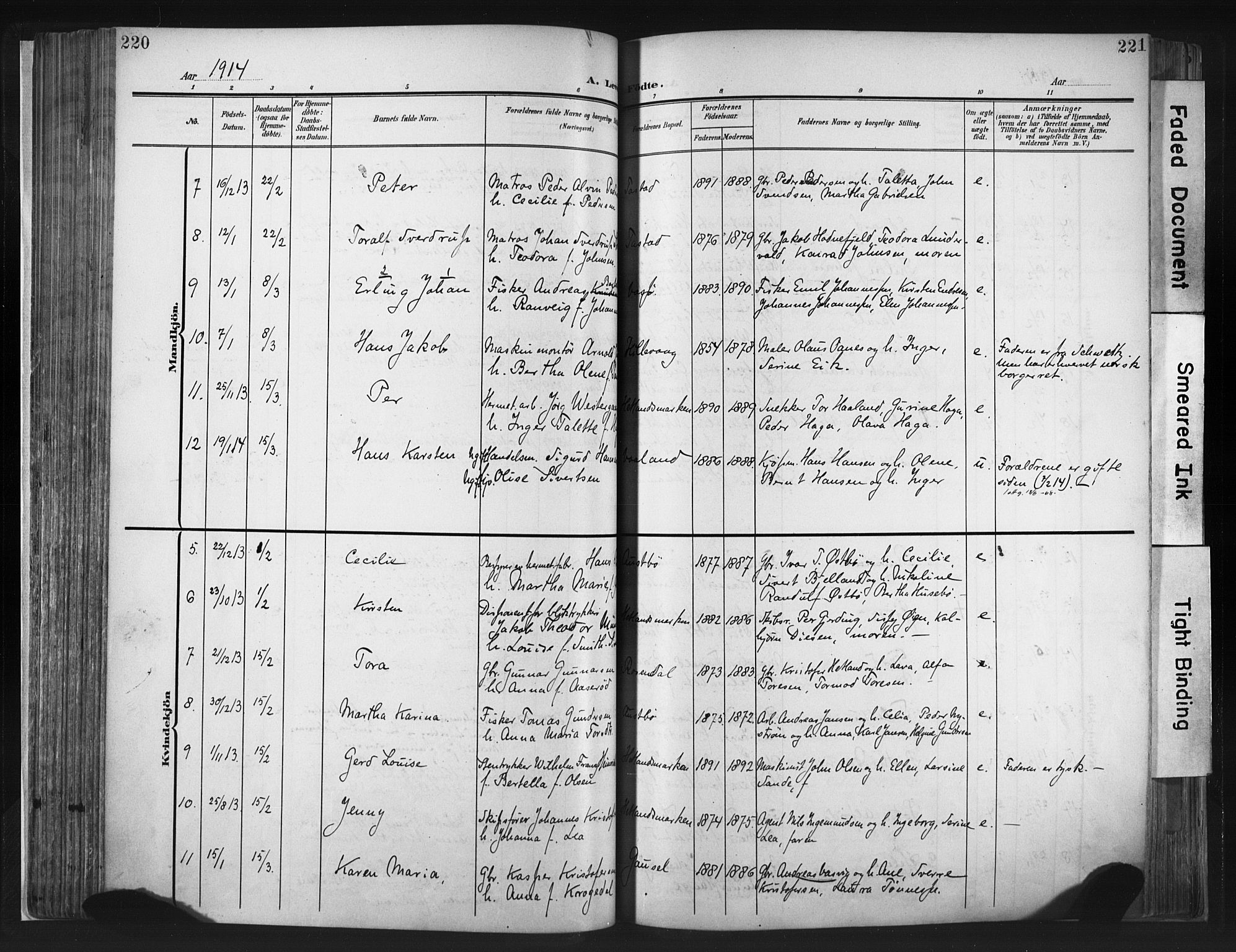 Hetland sokneprestkontor, SAST/A-101826/30/30BA/L0013: Parish register (official) no. A 13, 1904-1918, p. 220-221