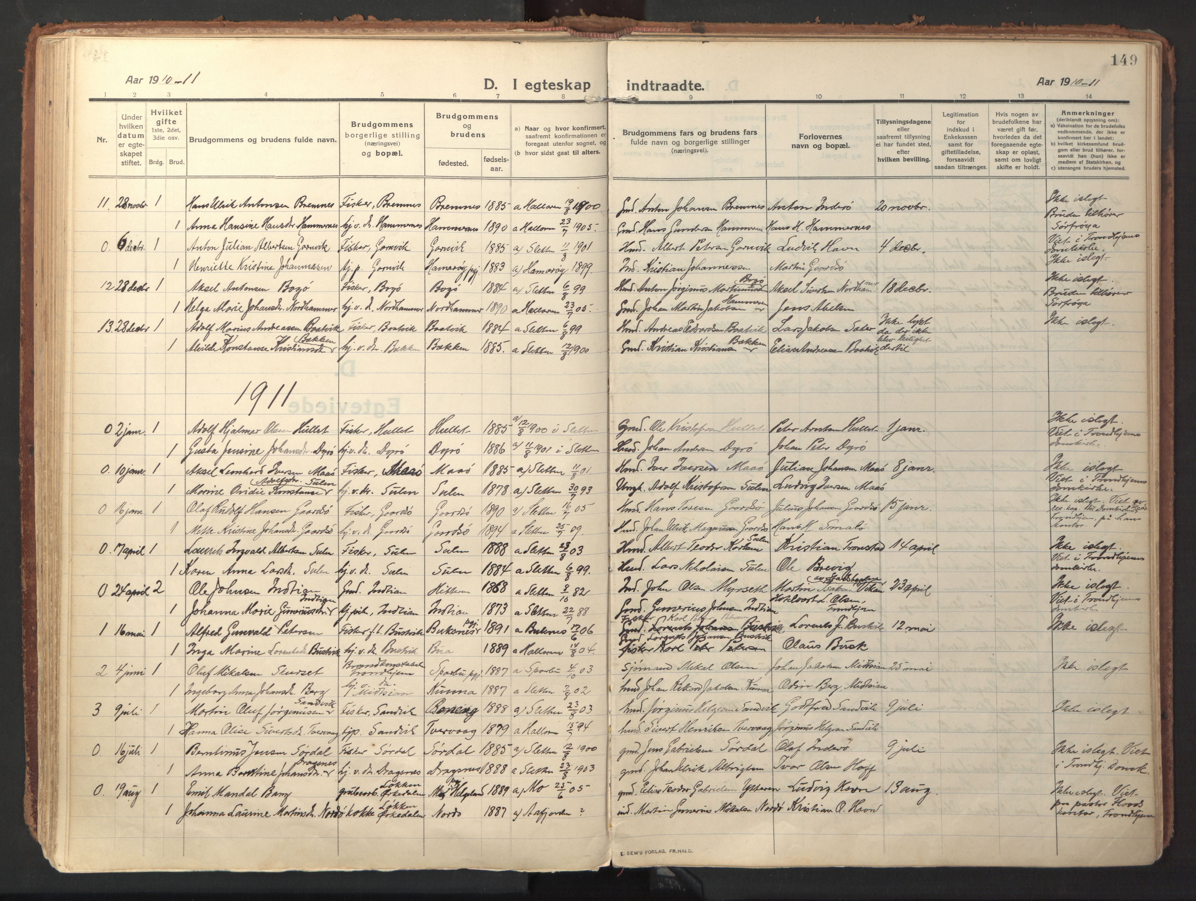 Ministerialprotokoller, klokkerbøker og fødselsregistre - Sør-Trøndelag, SAT/A-1456/640/L0581: Parish register (official) no. 640A06, 1910-1924, p. 149