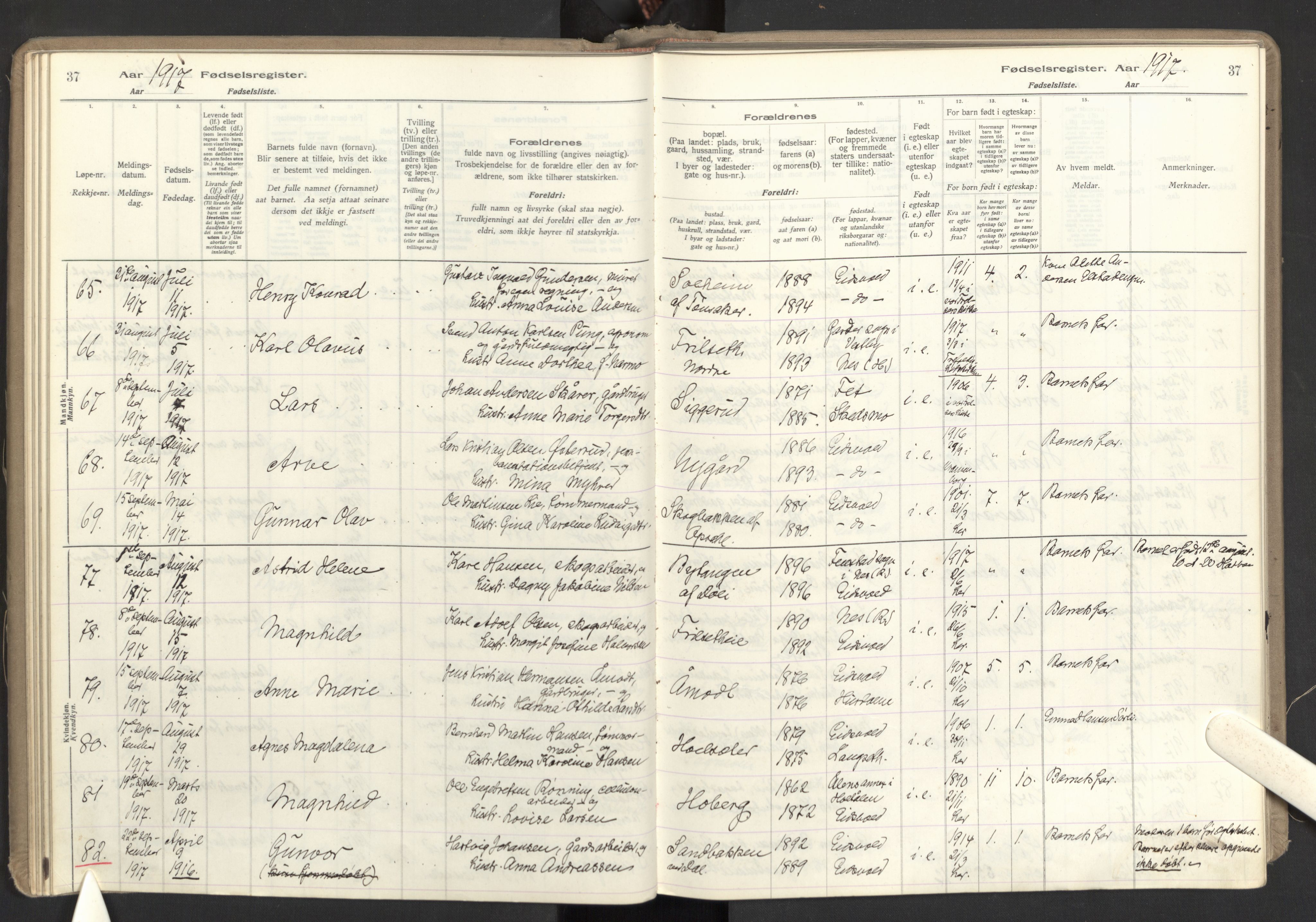 Eidsvoll prestekontor Kirkebøker, AV/SAO-A-10888/J/Ja/L0001: Birth register no. I 1, 1916-1924, p. 37