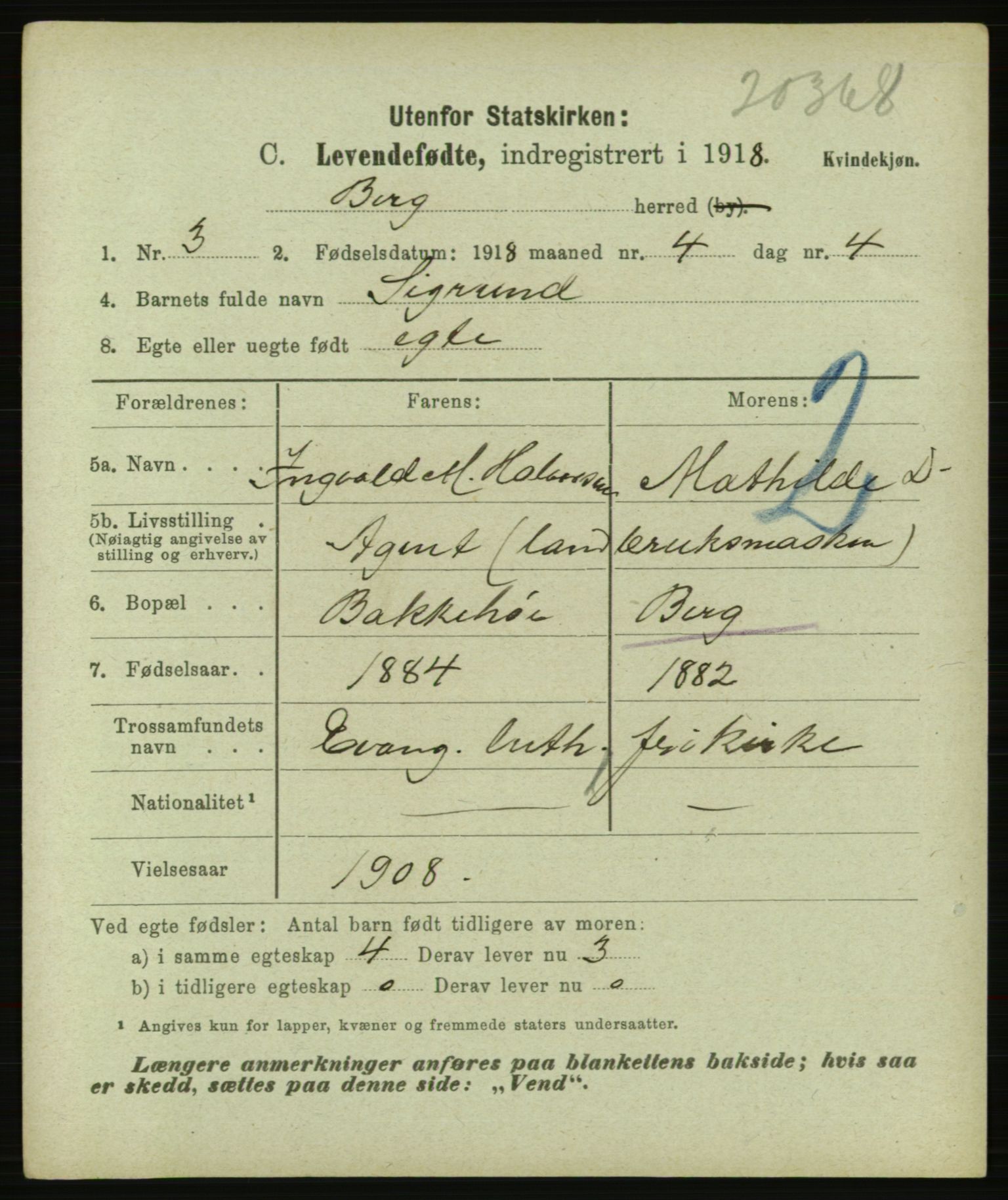 Statistisk sentralbyrå, Sosiodemografiske emner, Befolkning, AV/RA-S-2228/E/L0016: Fødte, gifte, døde dissentere., 1918, p. 7