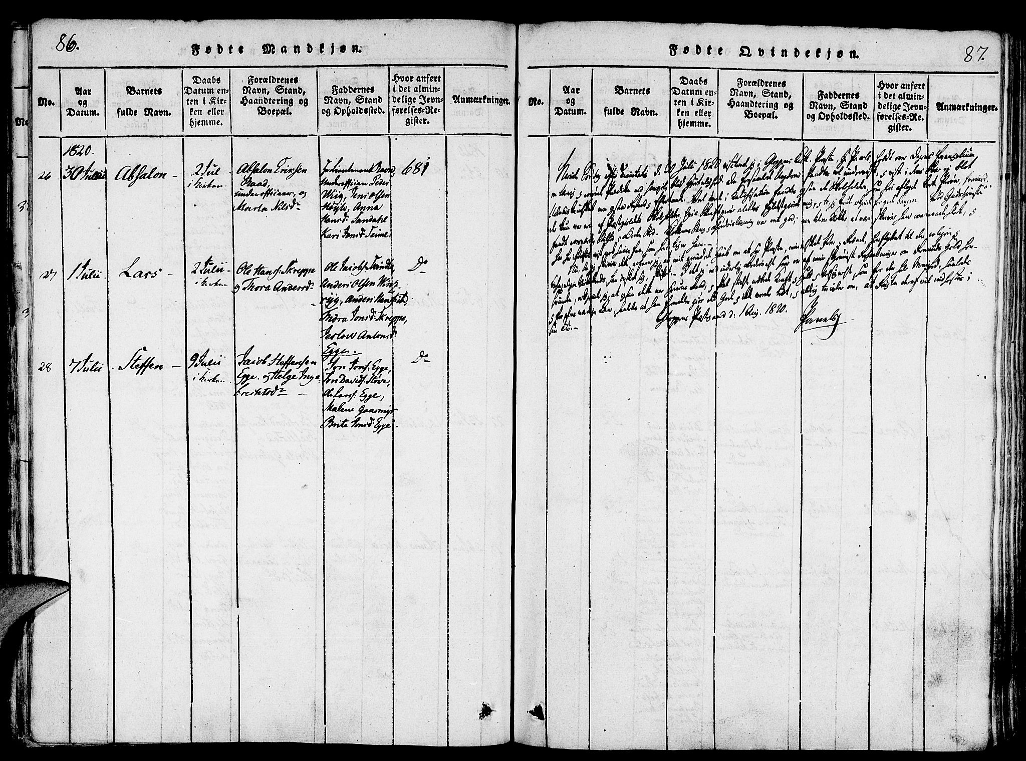 Gloppen sokneprestembete, AV/SAB-A-80101/H/Haa/Haaa/L0006: Parish register (official) no. A 6, 1816-1826, p. 86-87