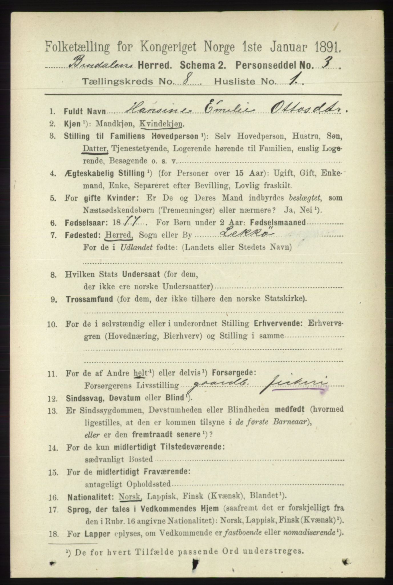 RA, 1891 census for 1811 Bindal, 1891, p. 2612