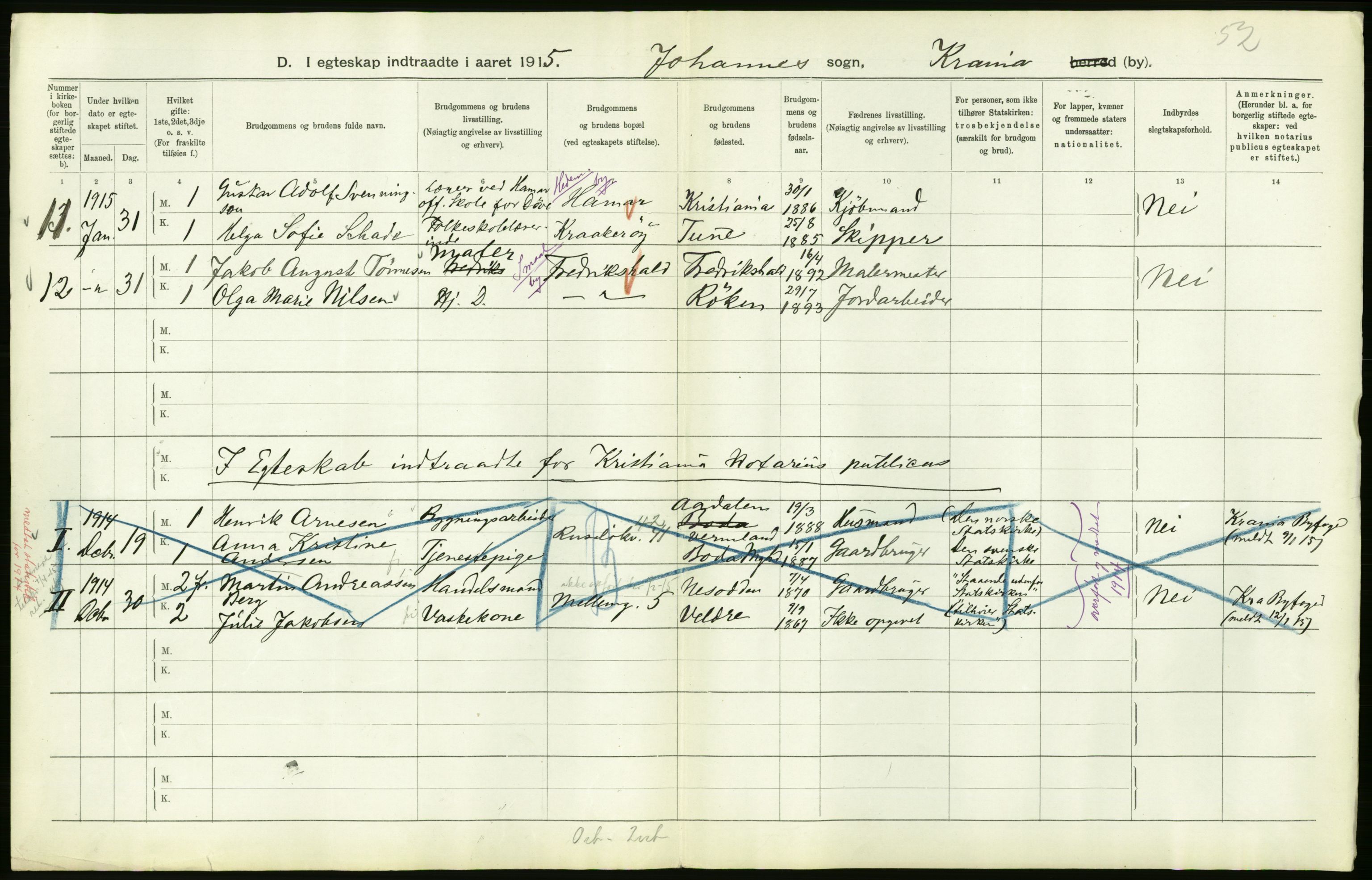 Statistisk sentralbyrå, Sosiodemografiske emner, Befolkning, AV/RA-S-2228/D/Df/Dfb/Dfbe/L0008: Kristiania: Gifte., 1915, p. 124