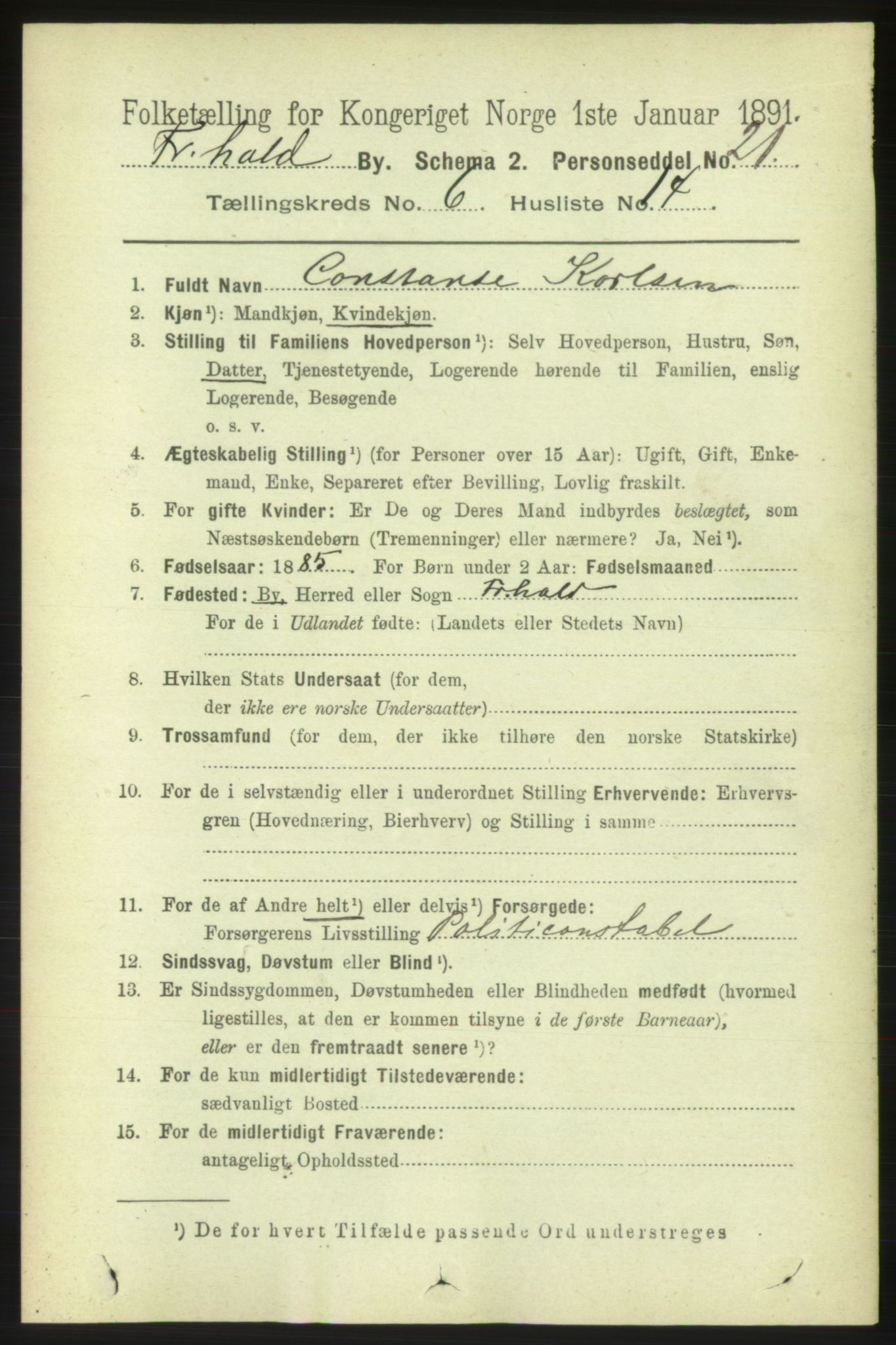 RA, 1891 census for 0101 Fredrikshald, 1891, p. 4715