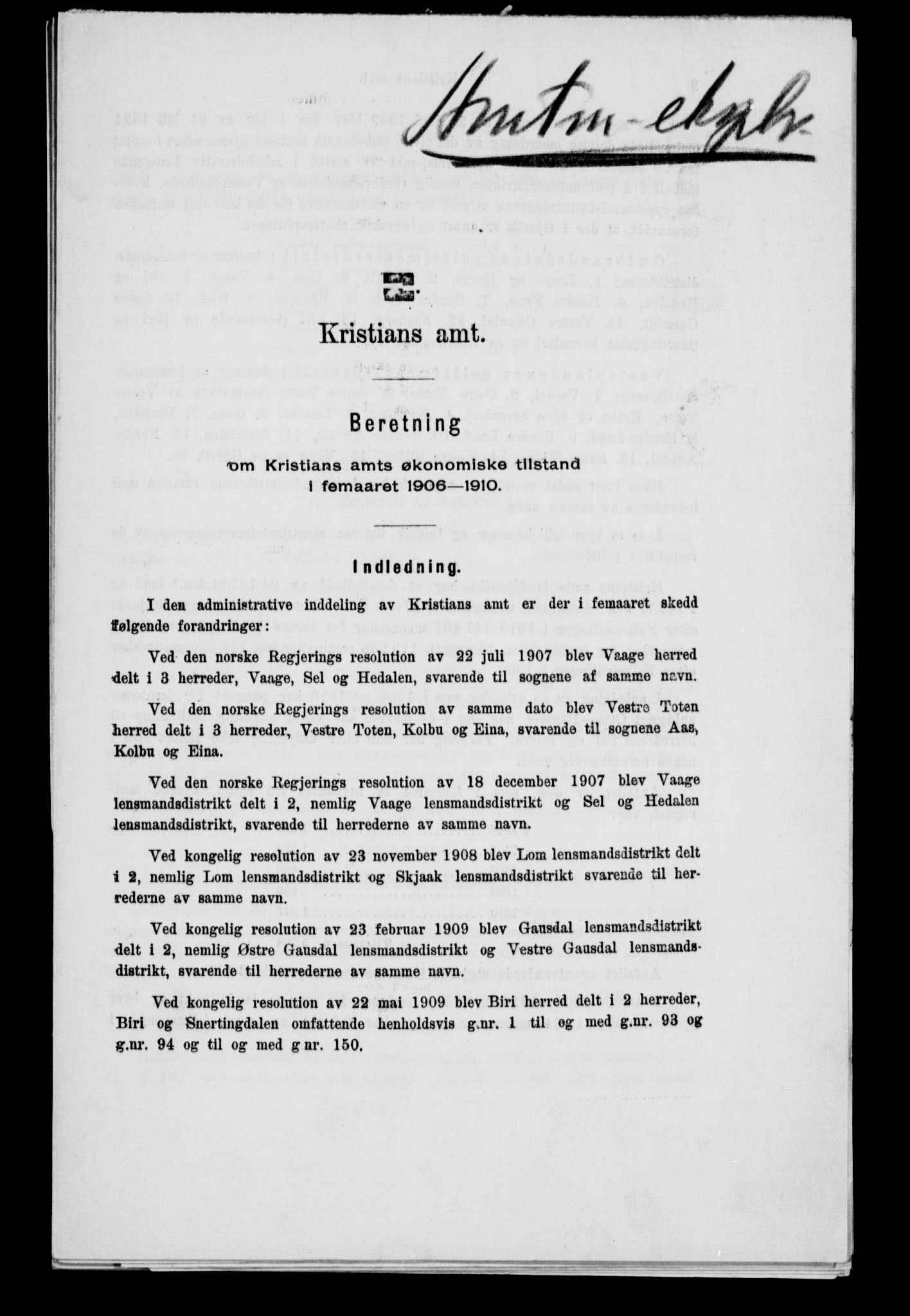 Statistisk sentralbyrå, Næringsøkonomiske emner, Generelt - Amtmennenes femårsberetninger, AV/RA-S-2233/F/Fa/L0116: --, 1906-1915, p. 205