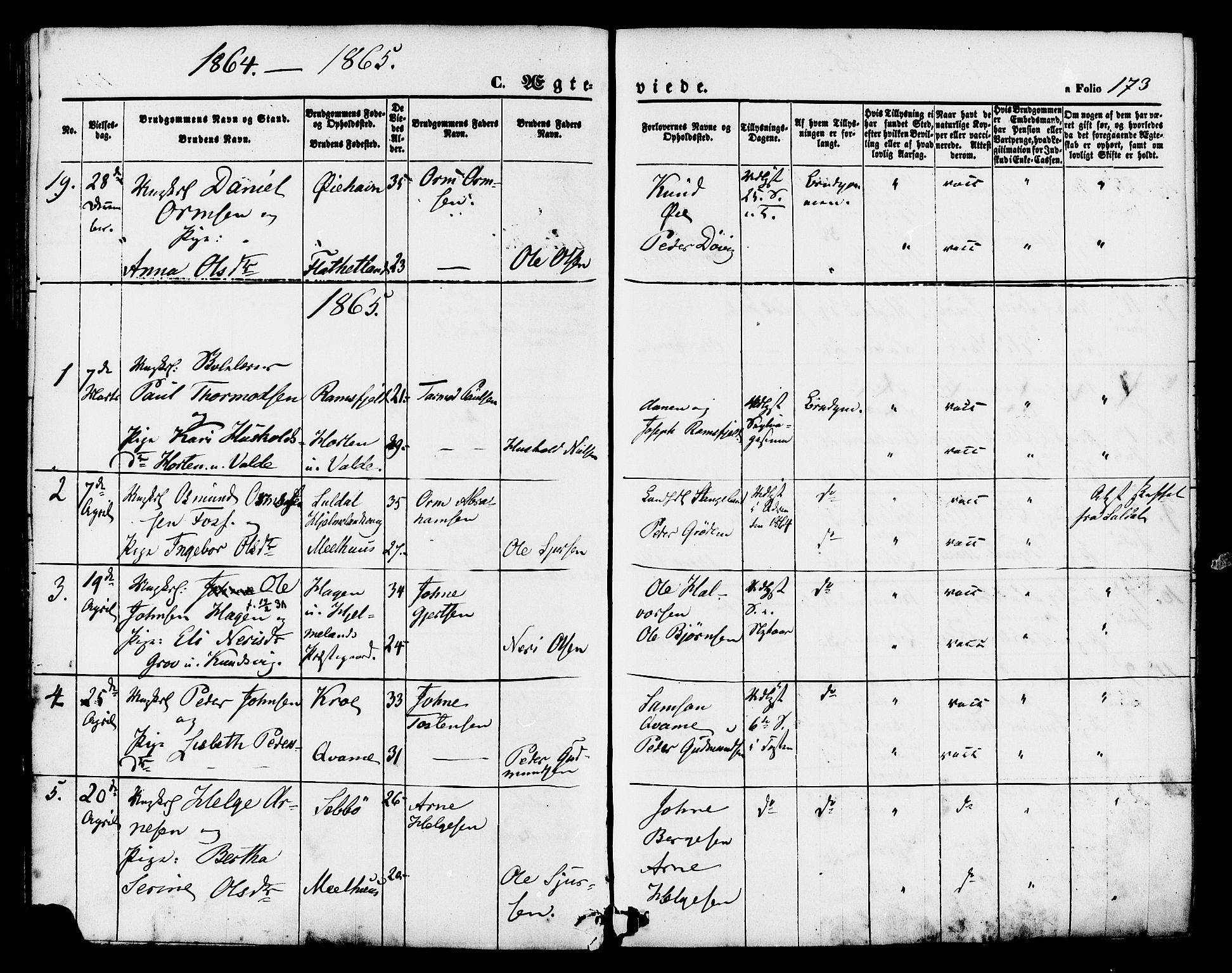 Hjelmeland sokneprestkontor, AV/SAST-A-101843/01/IV/L0011: Parish register (official) no. A 11, 1861-1878, p. 173