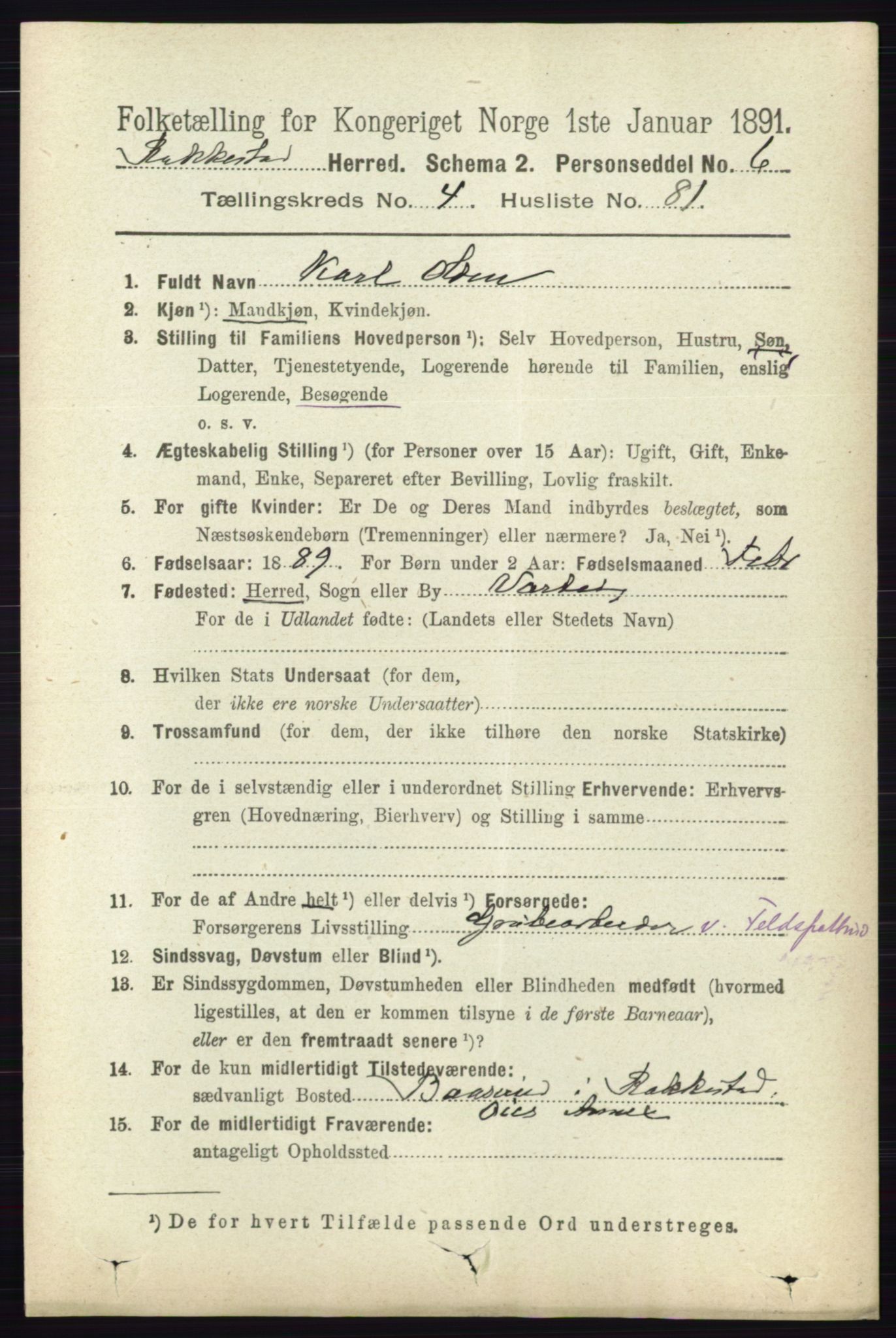 RA, 1891 census for 0128 Rakkestad, 1891, p. 2205