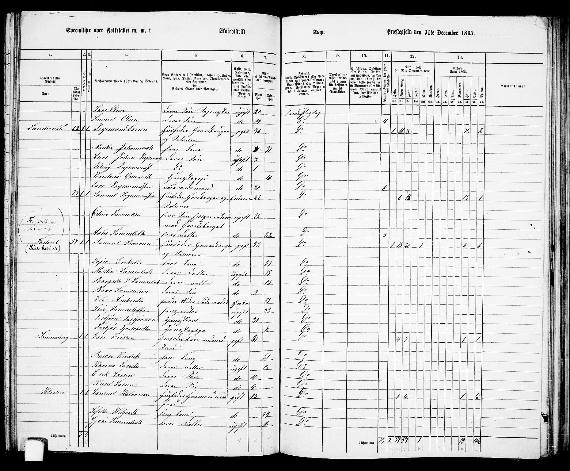 RA, 1865 census for Sand, 1865, p. 88