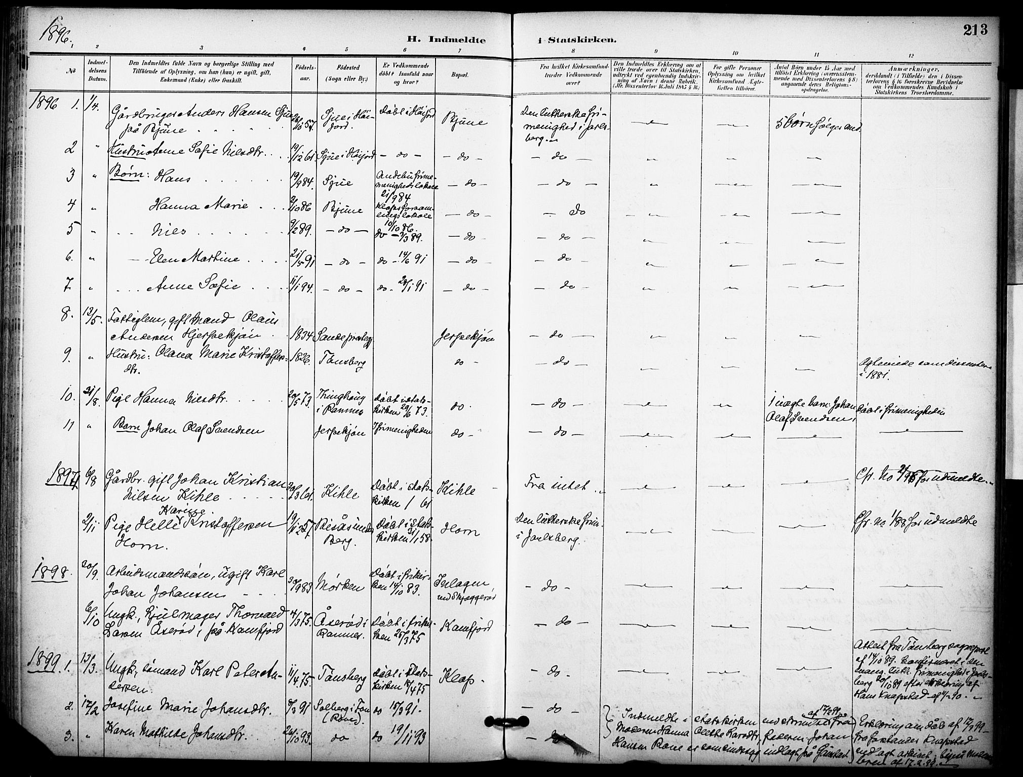 Ramnes kirkebøker, AV/SAKO-A-314/F/Fa/L0008: Parish register (official) no. I 8, 1896-1913, p. 213