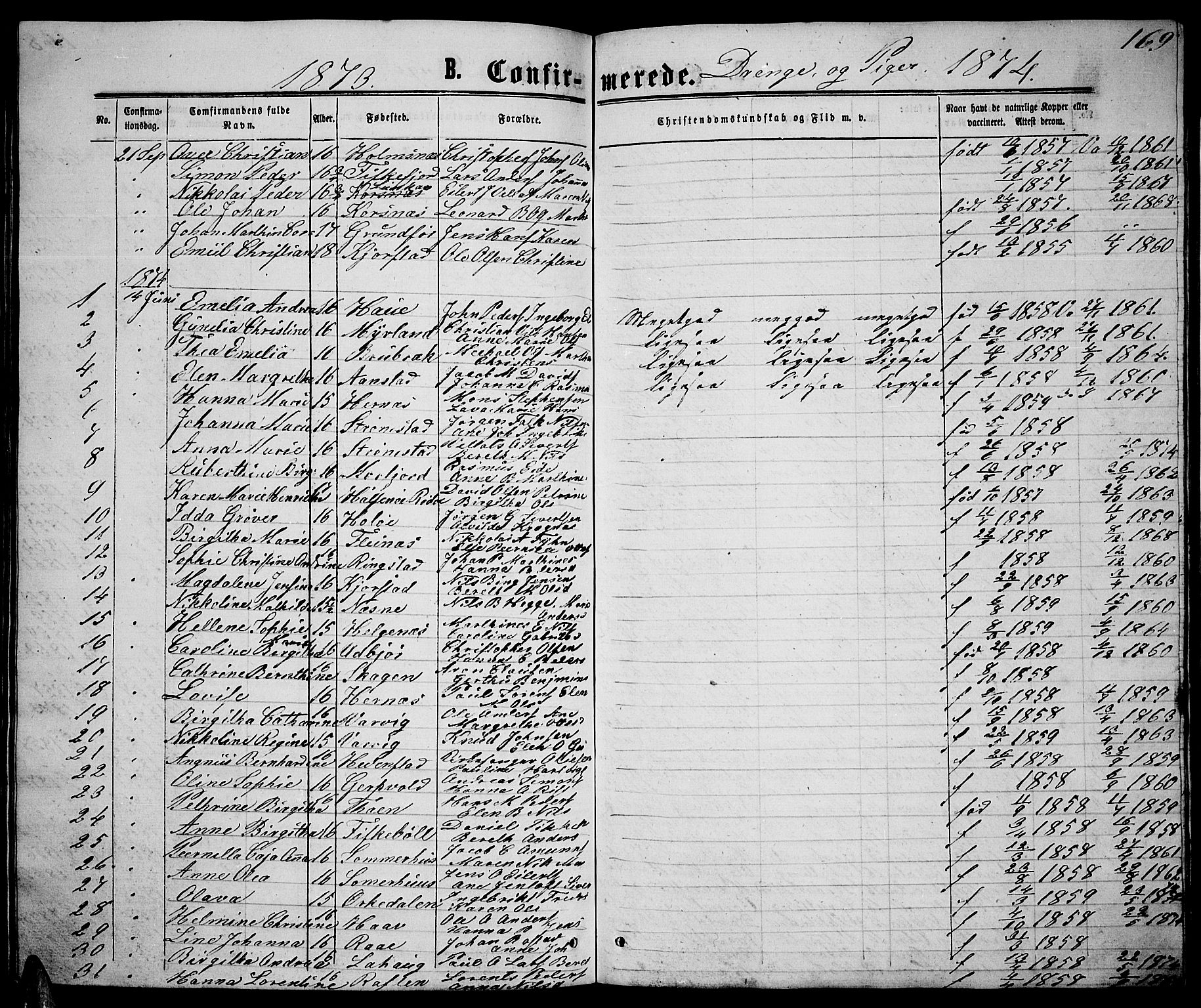 Ministerialprotokoller, klokkerbøker og fødselsregistre - Nordland, AV/SAT-A-1459/888/L1266: Parish register (copy) no. 888C04, 1864-1877, p. 169