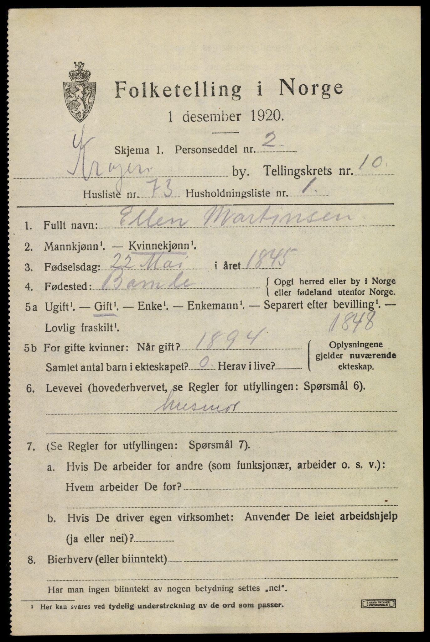 SAKO, 1920 census for Kragerø, 1920, p. 13861