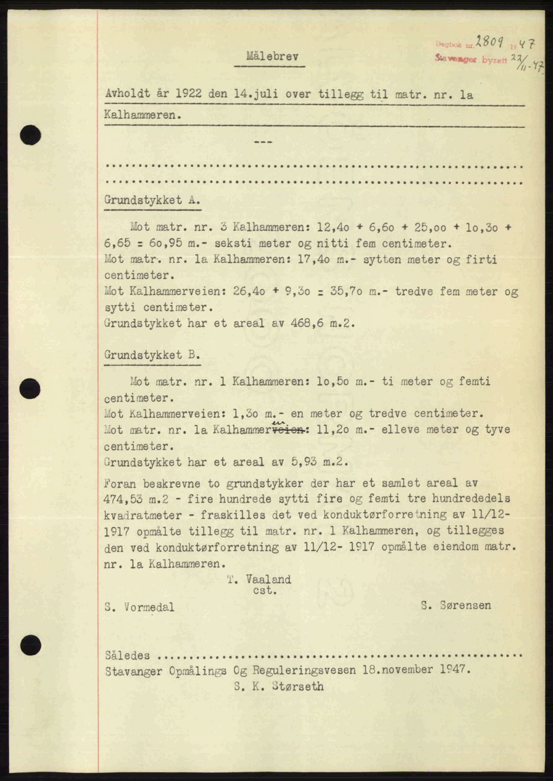 Stavanger byrett, SAST/A-100455/002/G/Gb/L0022: Mortgage book no. A11, 1947-1948, Diary no: : 2809/1947