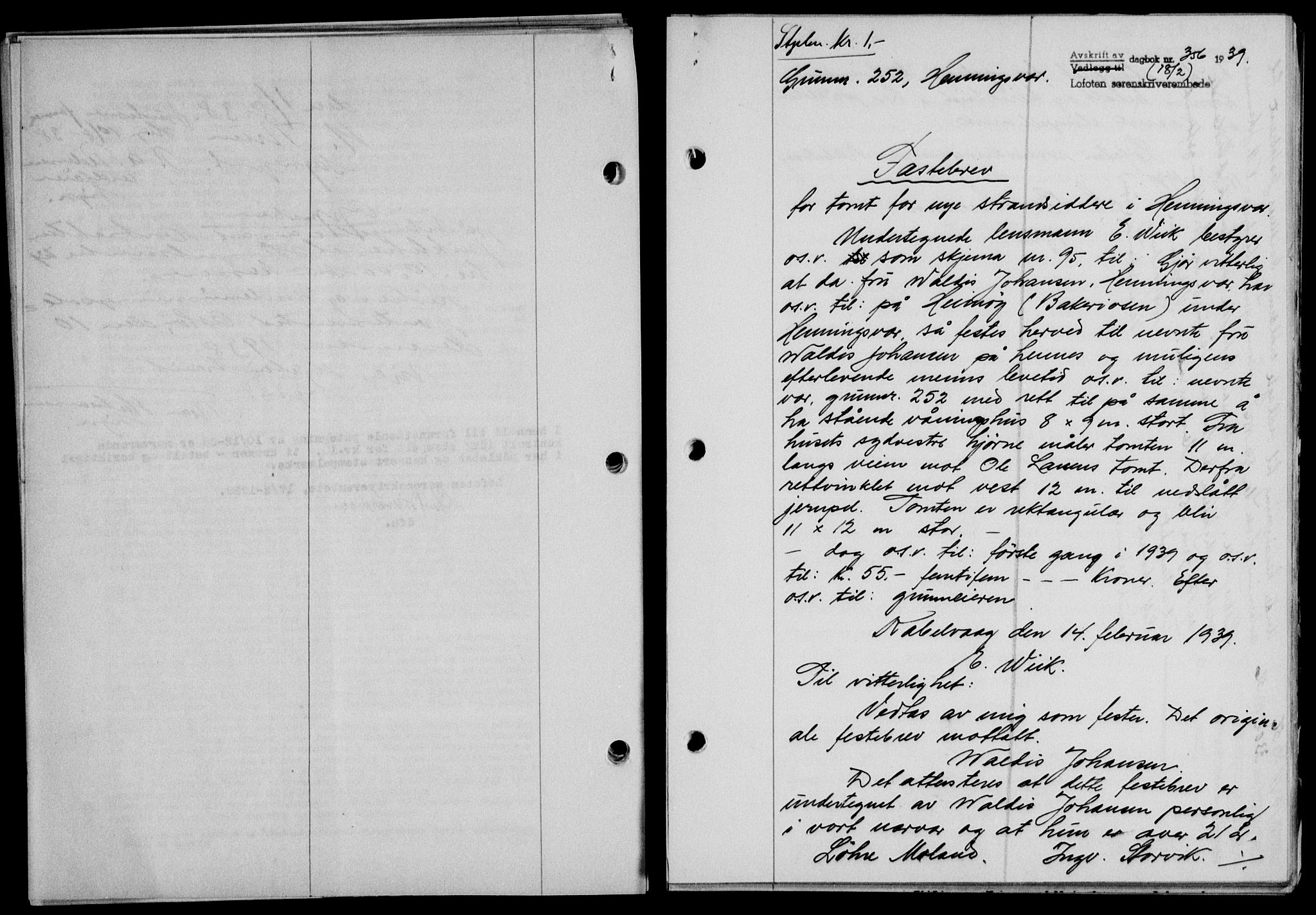 Lofoten sorenskriveri, SAT/A-0017/1/2/2C/L0005a: Mortgage book no. 5a, 1939-1939, Diary no: : 356/1939