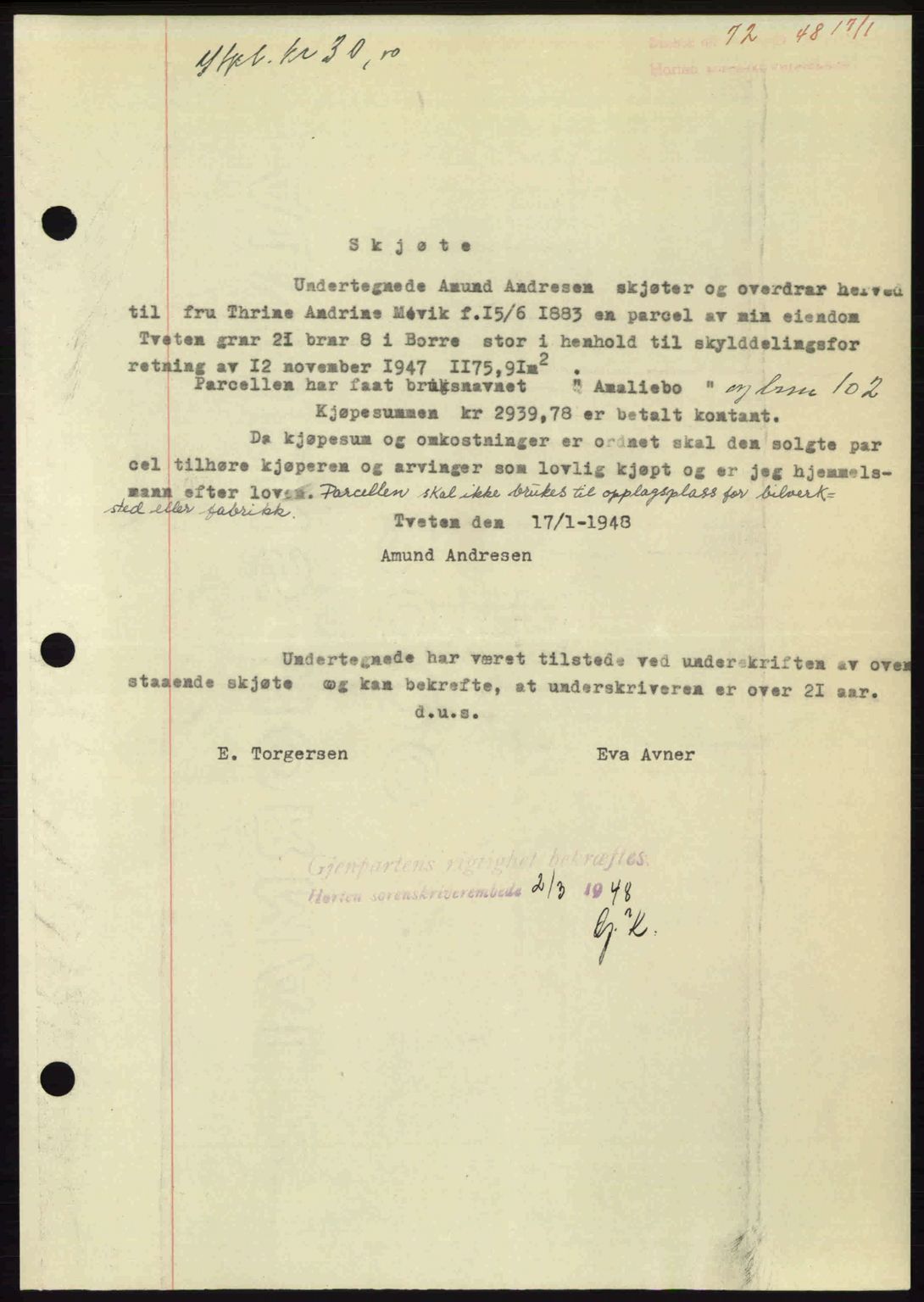 Horten sorenskriveri, AV/SAKO-A-133/G/Ga/Gaa/L0010: Mortgage book no. A-10, 1947-1948, Diary no: : 72/1948