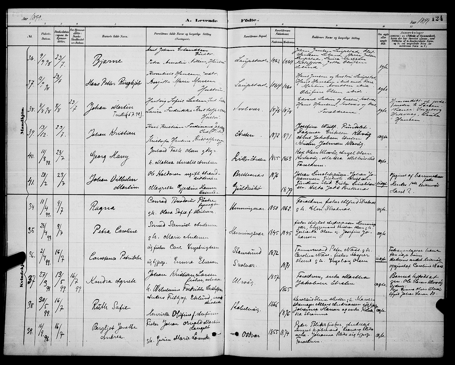 Ministerialprotokoller, klokkerbøker og fødselsregistre - Nordland, AV/SAT-A-1459/874/L1077: Parish register (copy) no. 874C06, 1891-1900, p. 124