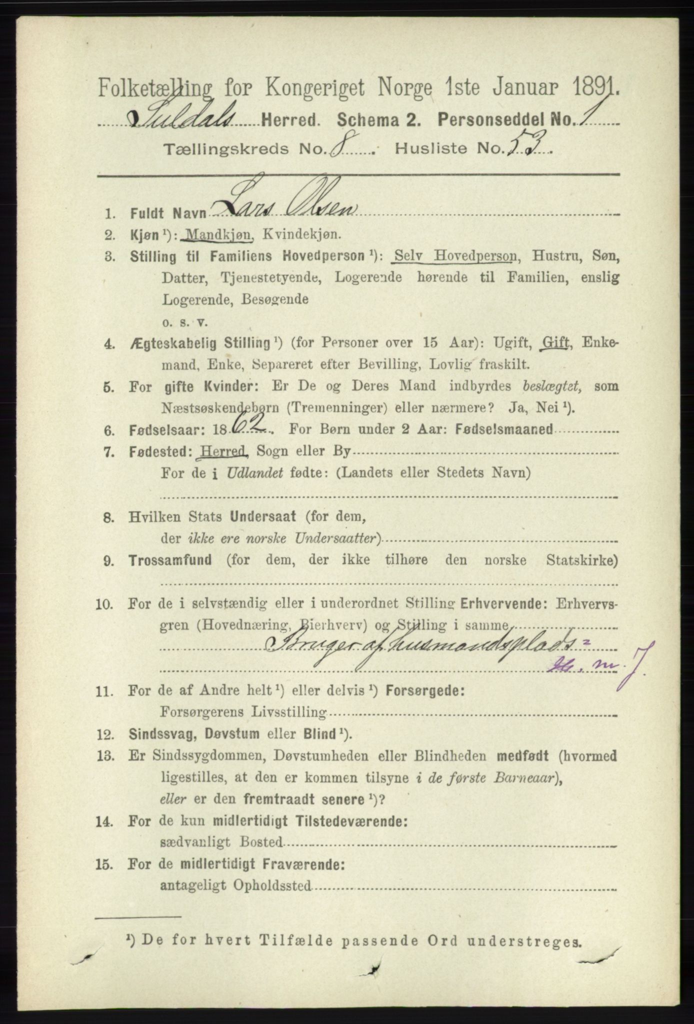 RA, 1891 census for 1134 Suldal, 1891, p. 2612