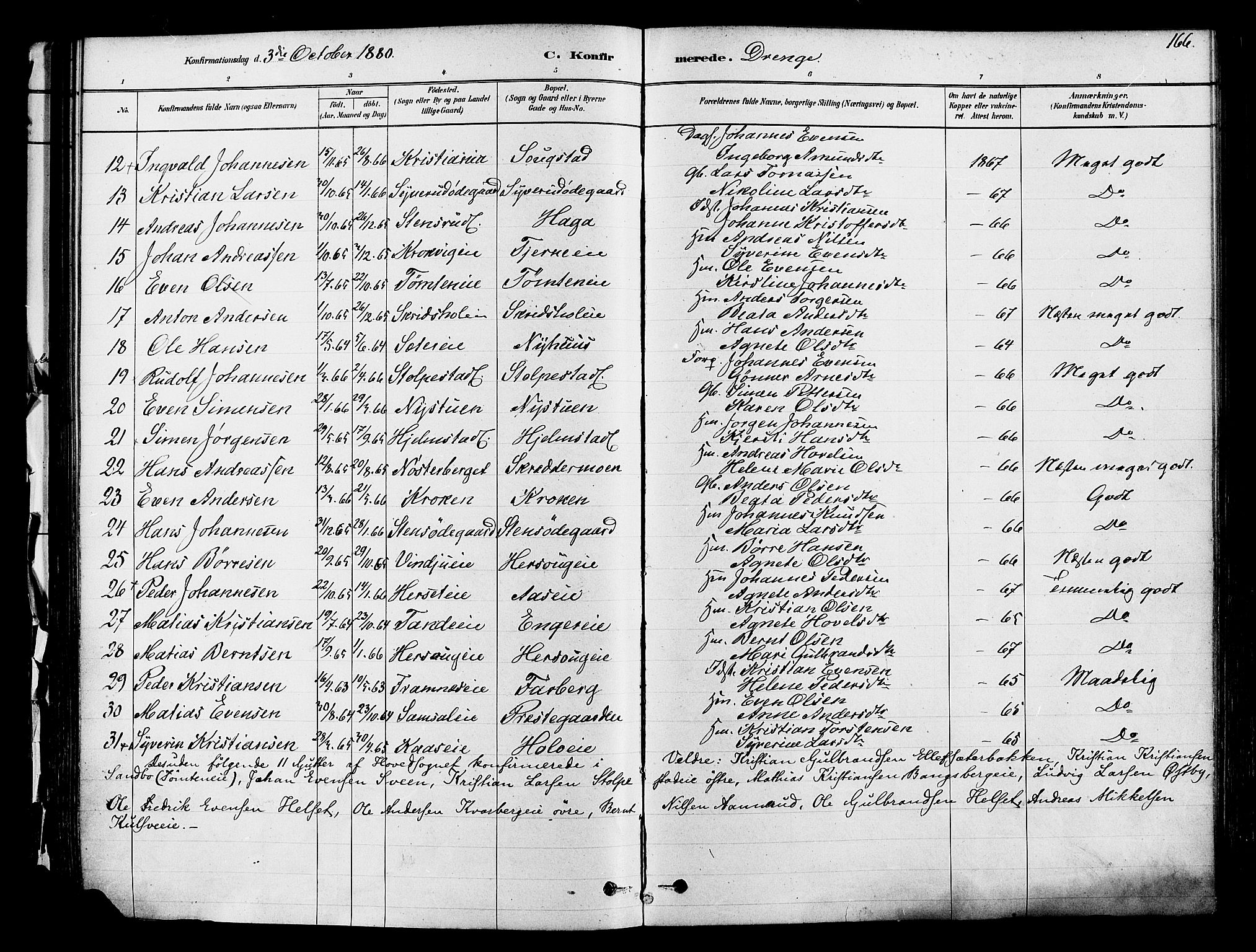 Ringsaker prestekontor, AV/SAH-PREST-014/K/Ka/L0012: Parish register (official) no. 12, 1879-1890, p. 166