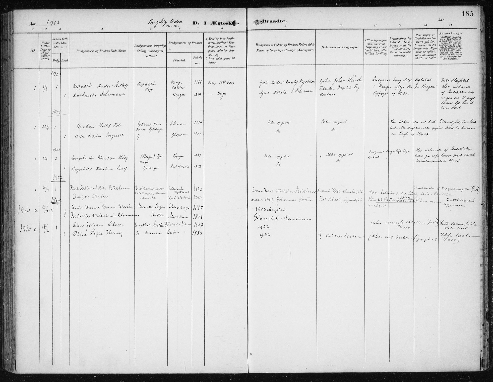 Fana Sokneprestembete, SAB/A-75101/H/Haa/Haai/L0003: Parish register (official) no. I 3, 1900-1912, p. 185