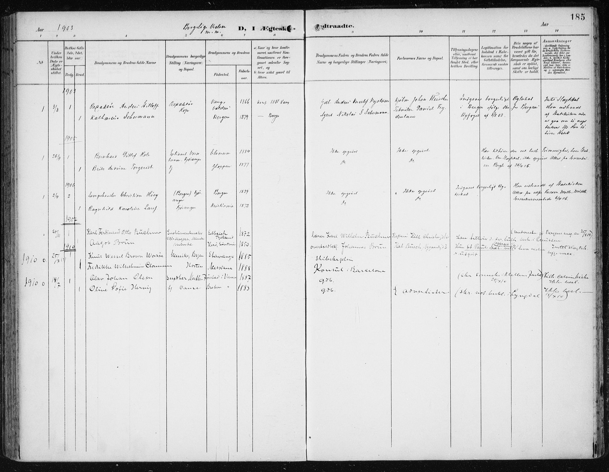 Fana Sokneprestembete, AV/SAB-A-75101/H/Haa/Haai/L0003: Parish register (official) no. I 3, 1900-1912, p. 185