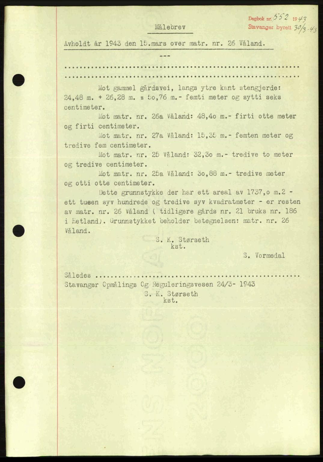 Stavanger byrett, SAST/A-100455/002/G/Gb/L0017: Mortgage book no. A7, 1941-1943, Diary no: : 552/1943