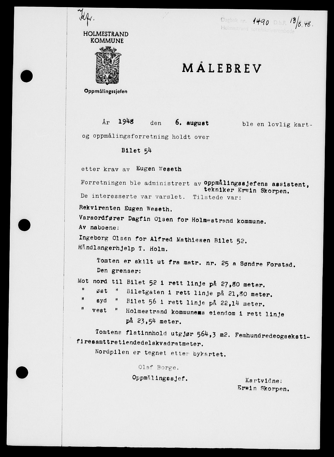 Holmestrand sorenskriveri, AV/SAKO-A-67/G/Ga/Gaa/L0064: Mortgage book no. A-64, 1948-1948, Diary no: : 1490/1948