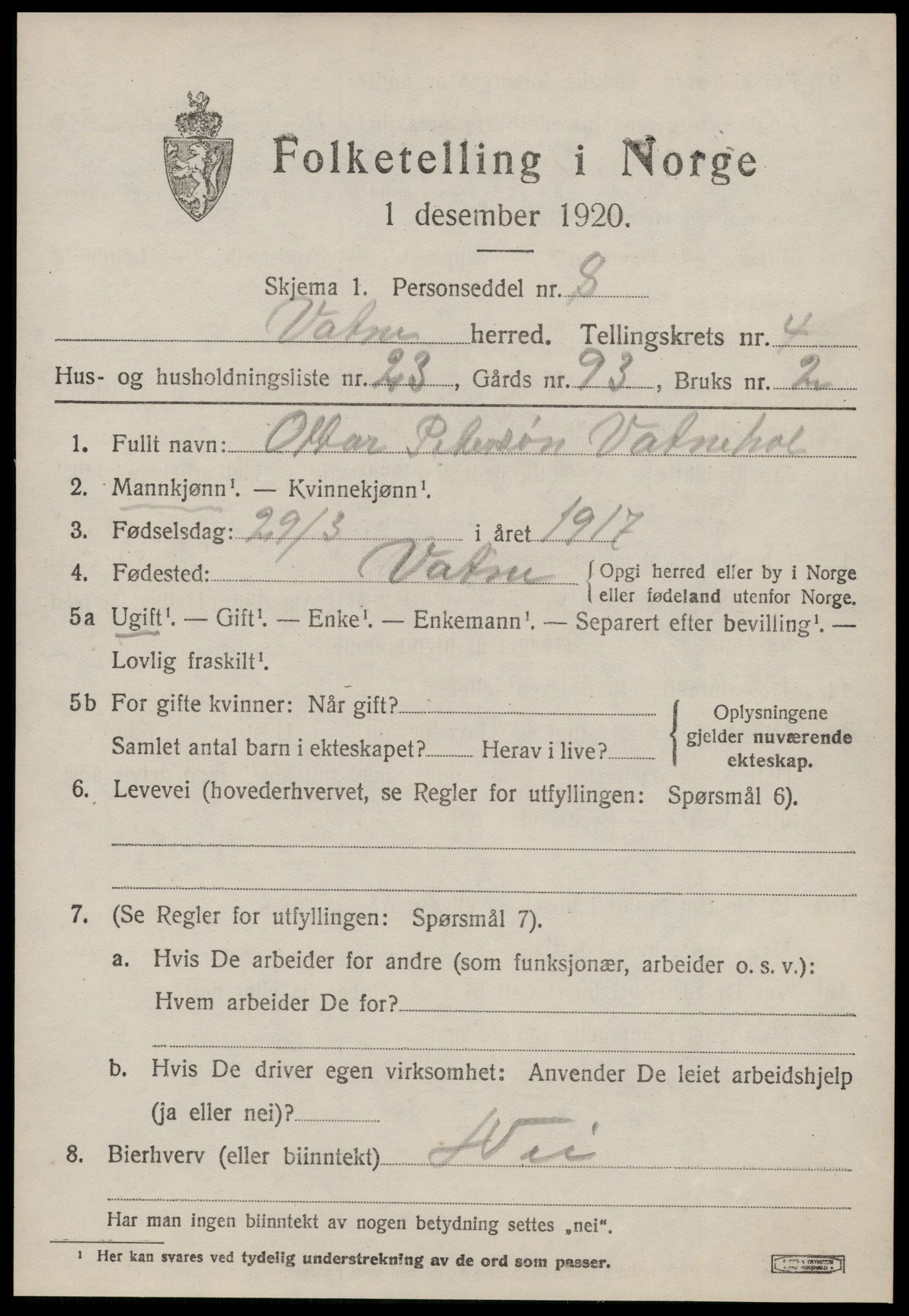 SAT, 1920 census for Vatne, 1920, p. 2146