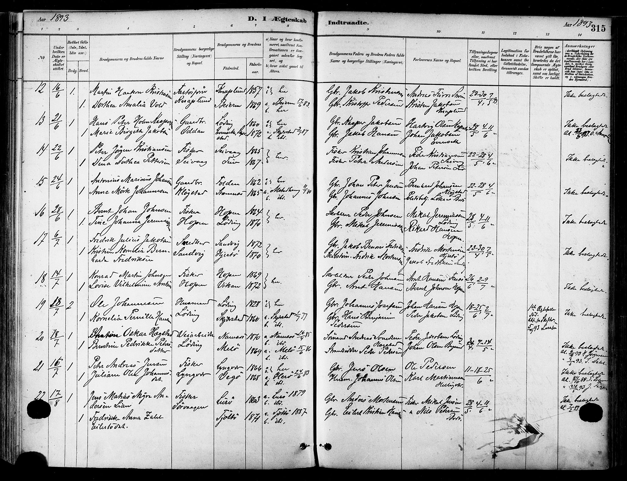 Ministerialprotokoller, klokkerbøker og fødselsregistre - Nordland, SAT/A-1459/802/L0054: Parish register (official) no. 802A01, 1879-1893, p. 315