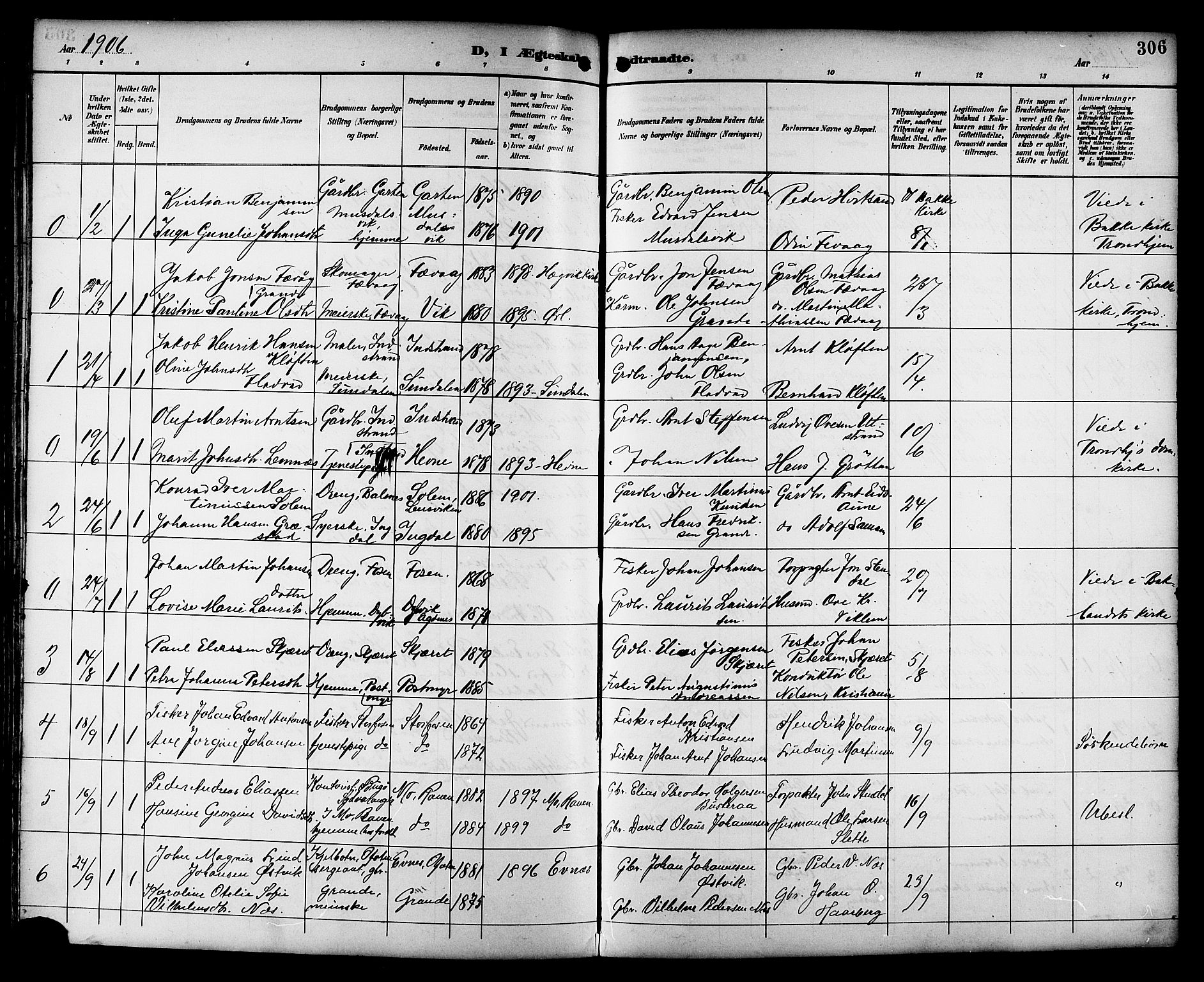 Ministerialprotokoller, klokkerbøker og fødselsregistre - Sør-Trøndelag, SAT/A-1456/659/L0746: Parish register (copy) no. 659C03, 1893-1912, p. 306