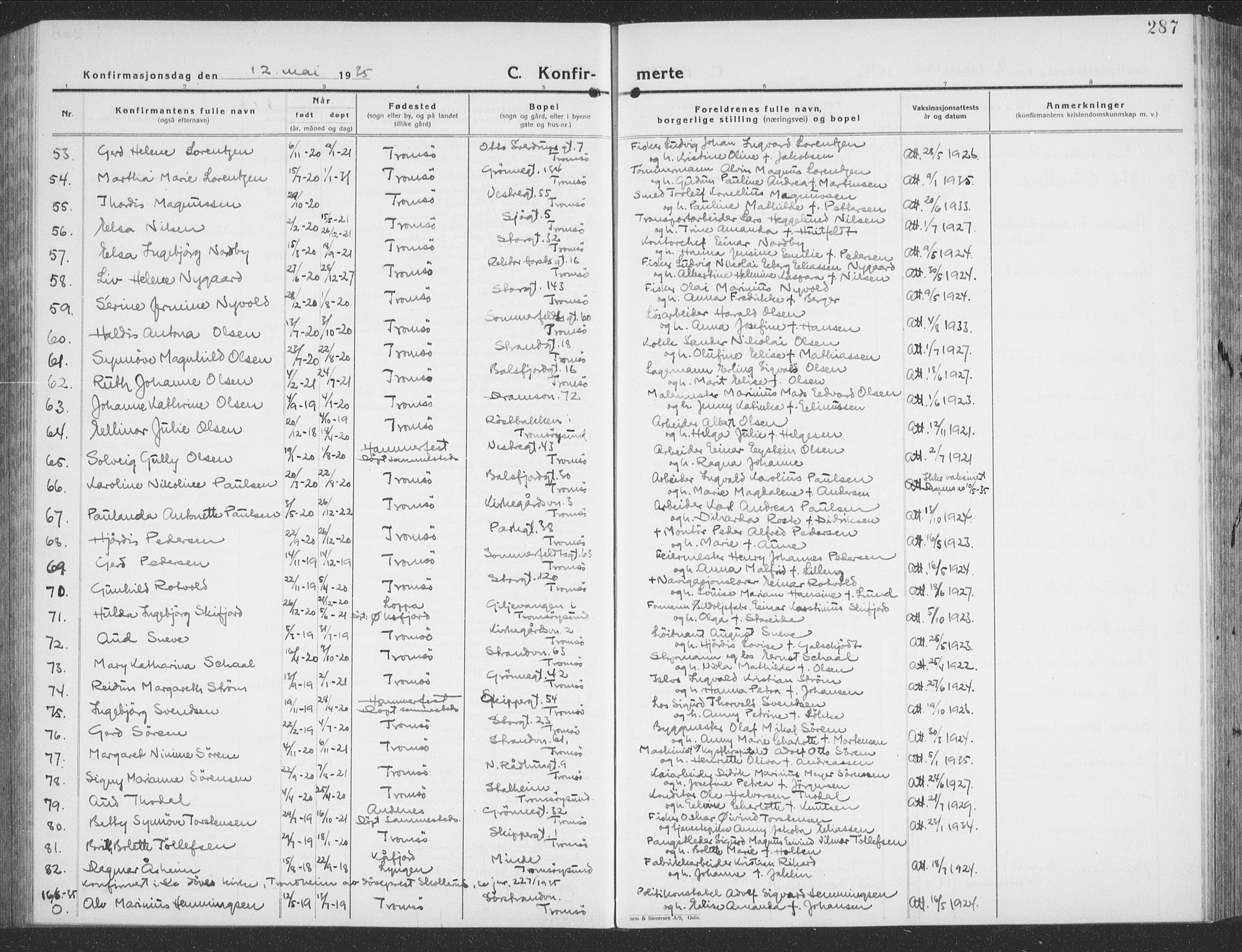 Tromsø sokneprestkontor/stiftsprosti/domprosti, SATØ/S-1343/G/Gb/L0010klokker: Parish register (copy) no. 10, 1925-1937, p. 287