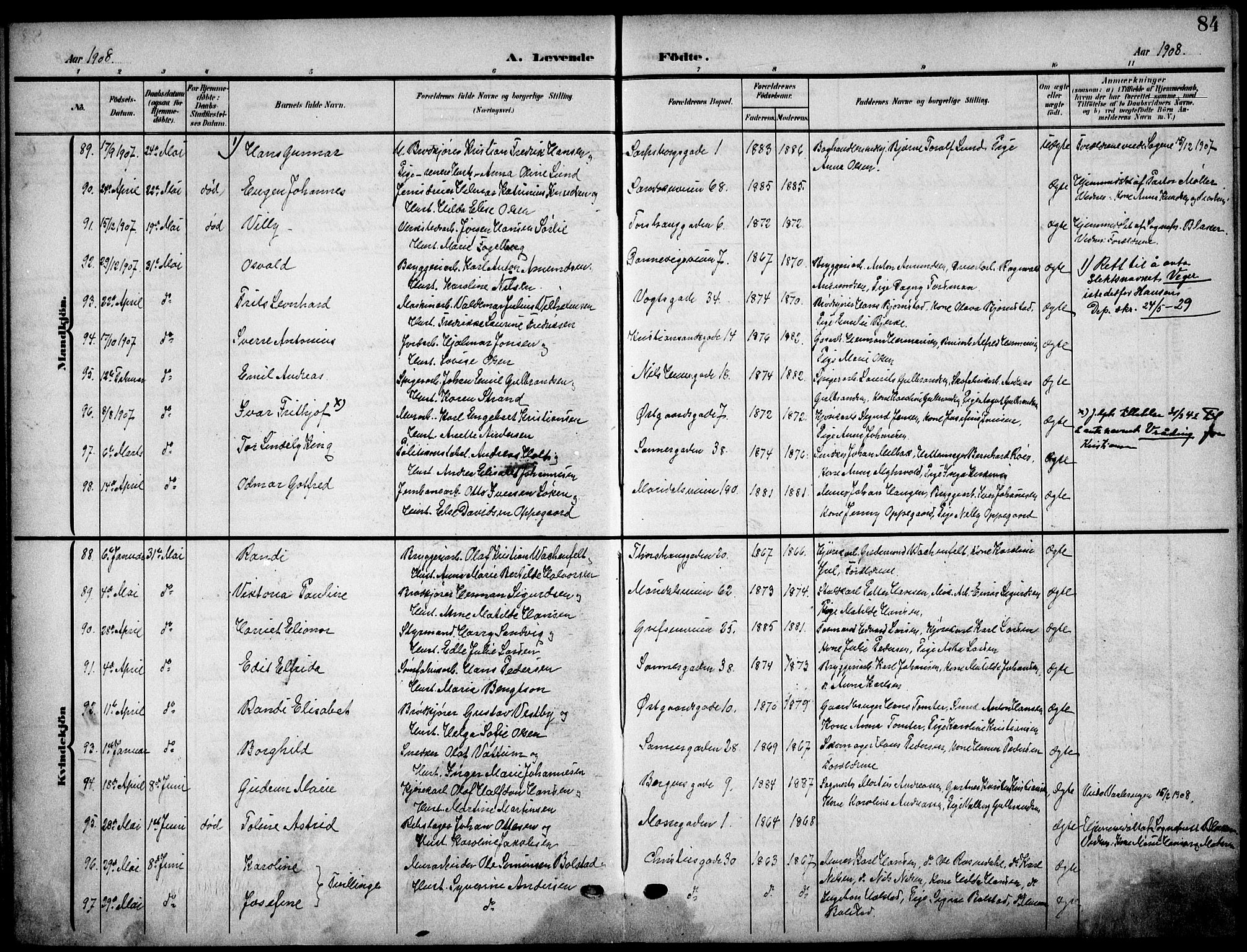 Sagene prestekontor Kirkebøker, SAO/A-10796/F/L0007: Parish register (official) no. 7, 1905-1915, p. 84