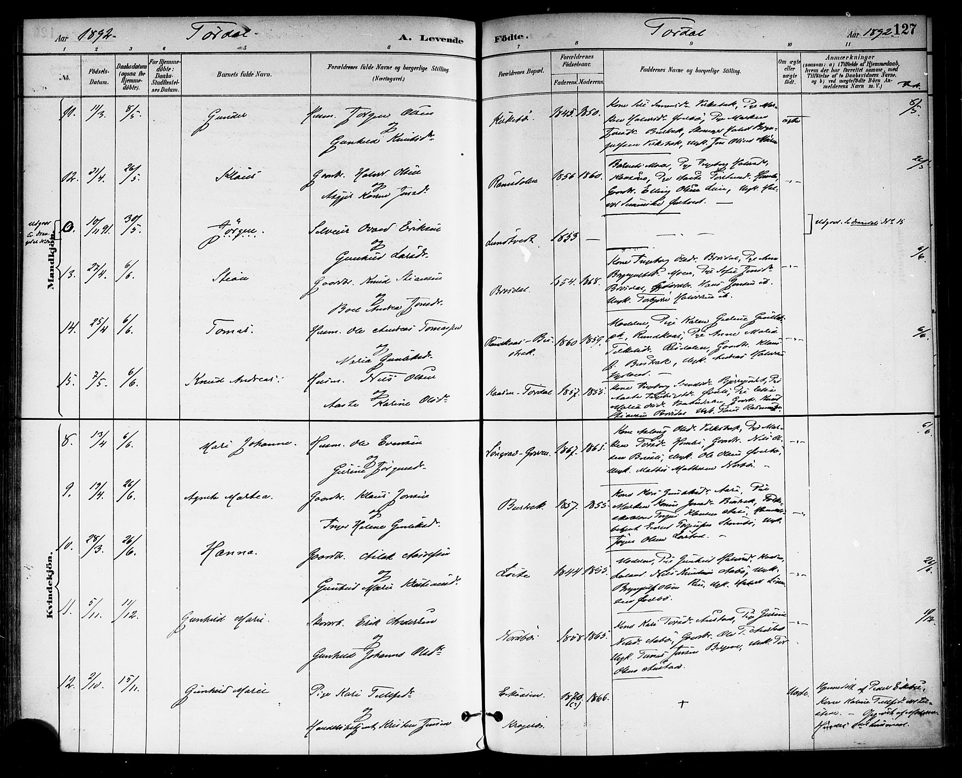 Drangedal kirkebøker, SAKO/A-258/F/Fa/L0010: Parish register (official) no. 10 /2, 1885-1894, p. 127
