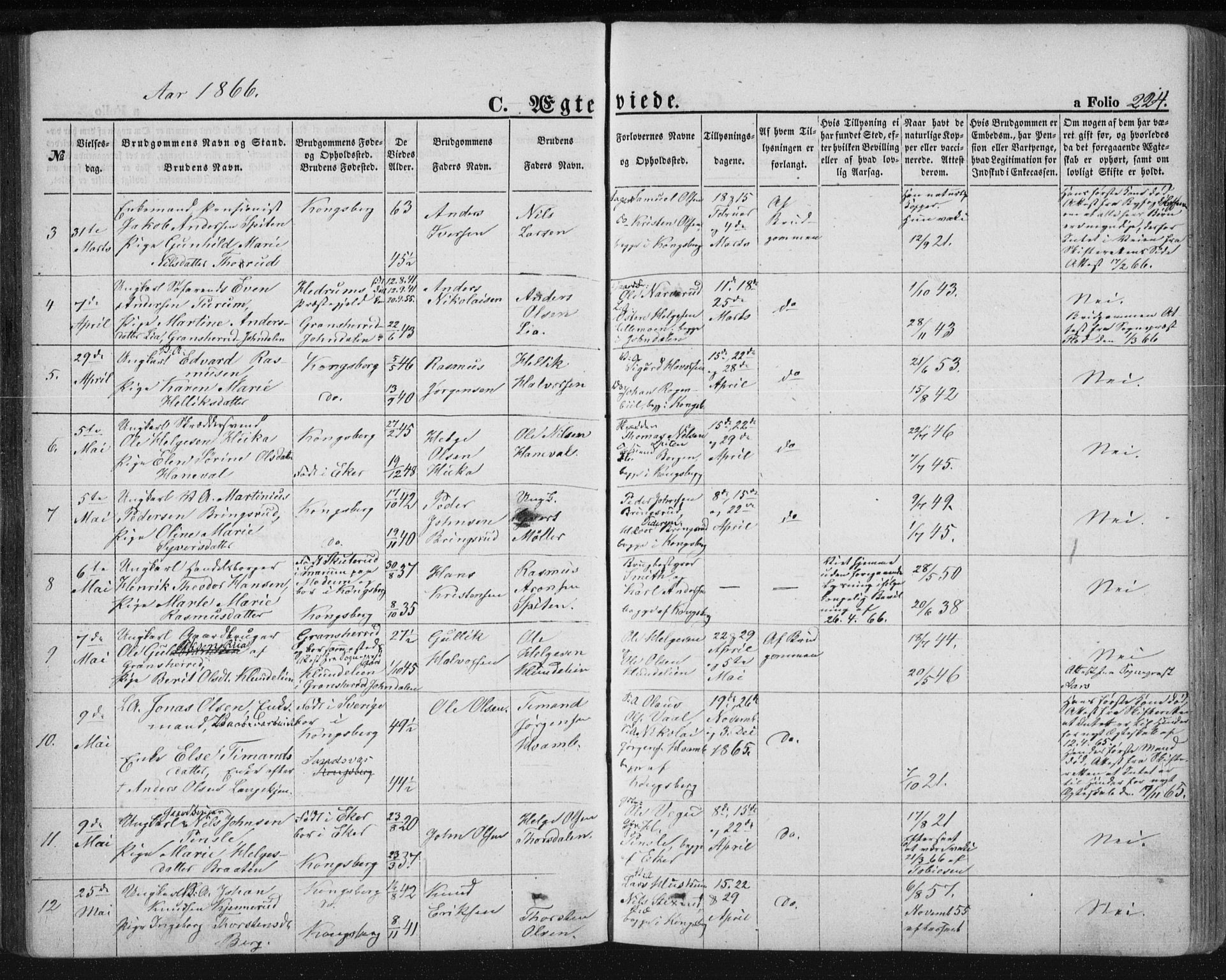 Kongsberg kirkebøker, SAKO/A-22/F/Fa/L0010: Parish register (official) no. I 10, 1859-1875, p. 224
