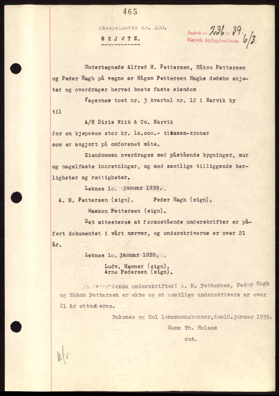Narvik sorenskriveri, AV/SAT-A-0002/1/2/2C/2Ca: Mortgage book no. A15, 1937-1939, Diary no: : 236/1939