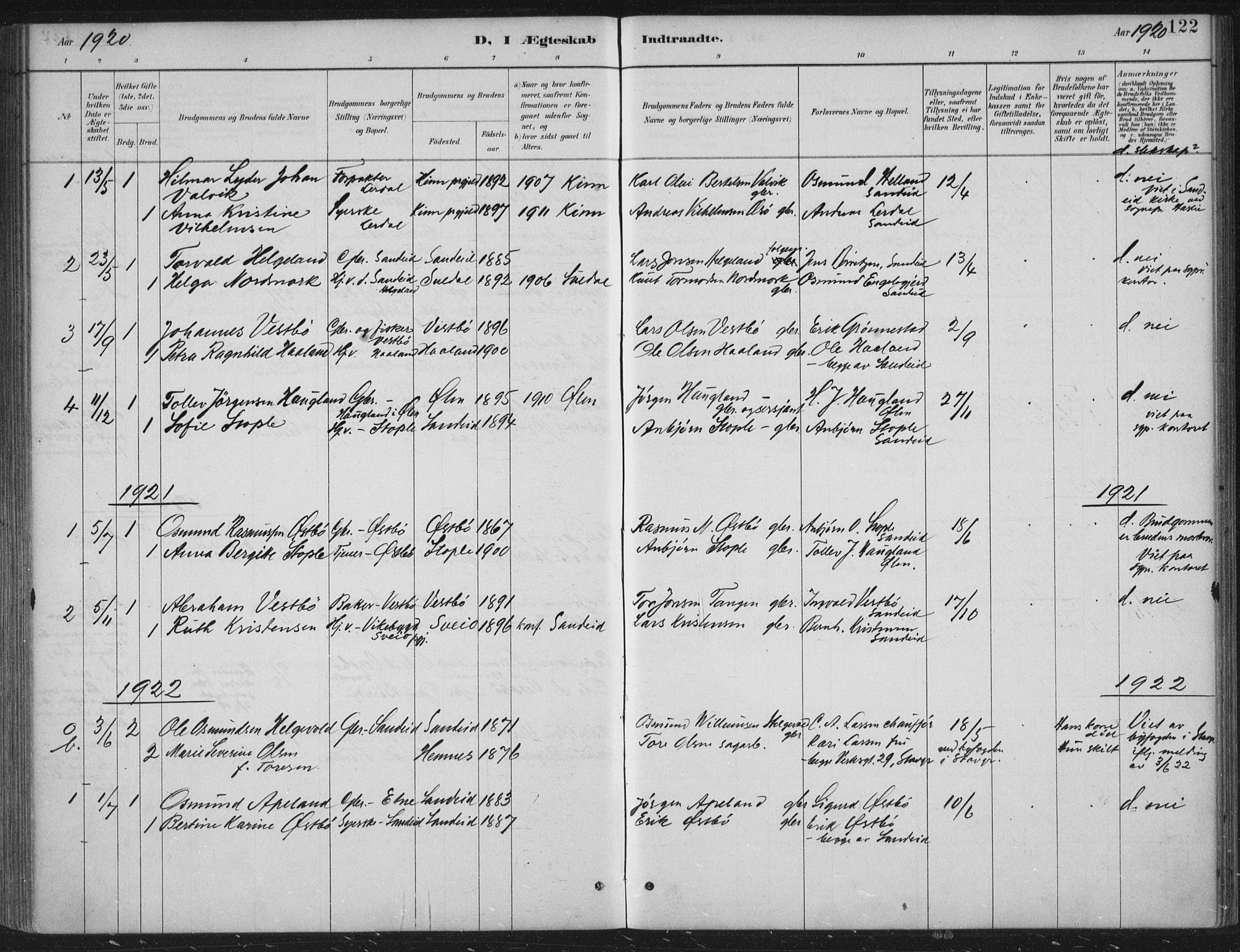 Vikedal sokneprestkontor, AV/SAST-A-101840/01/IV: Parish register (official) no. A 11, 1884-1933, p. 122