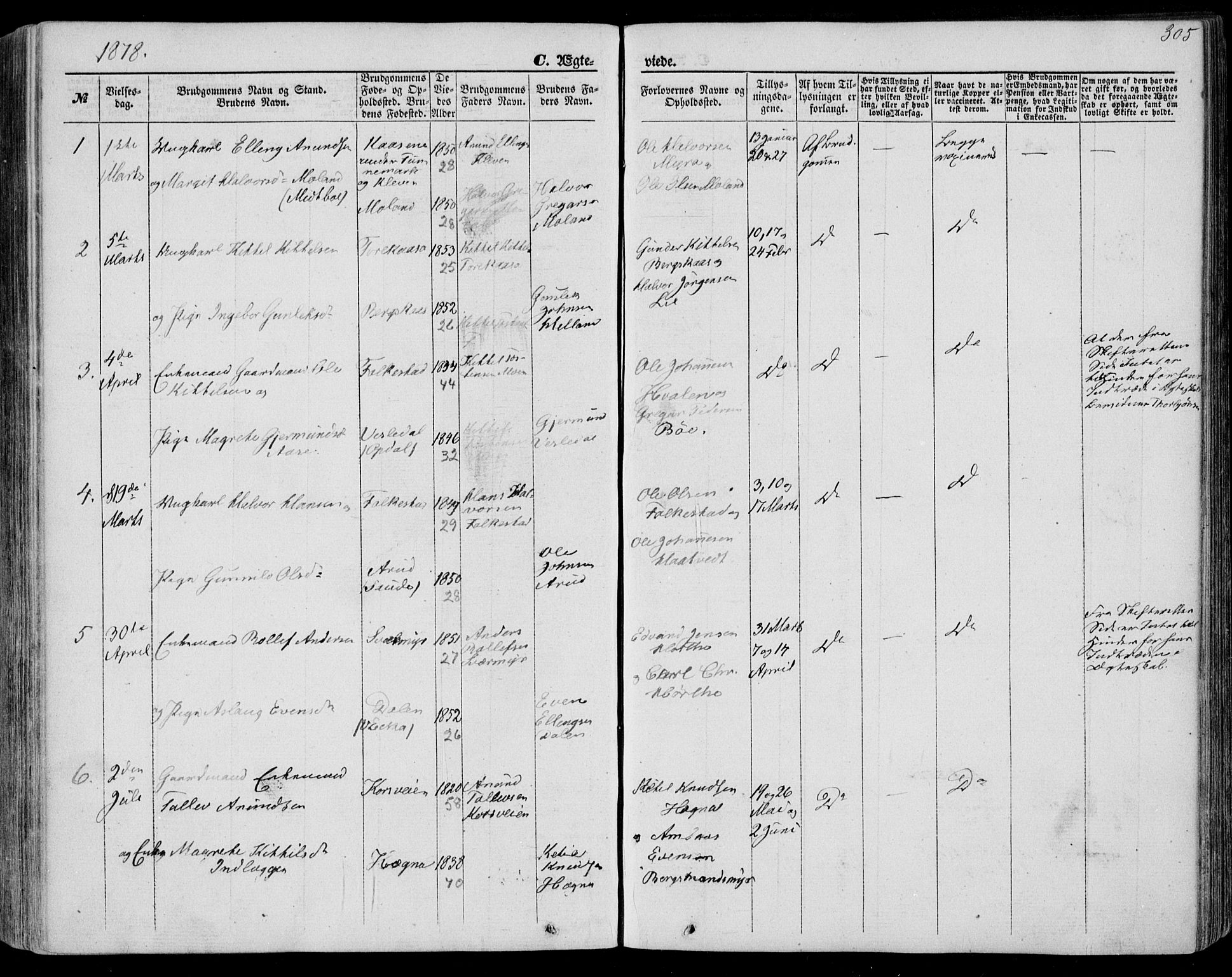 Bø kirkebøker, AV/SAKO-A-257/F/Fa/L0009: Parish register (official) no. 9, 1862-1879, p. 305