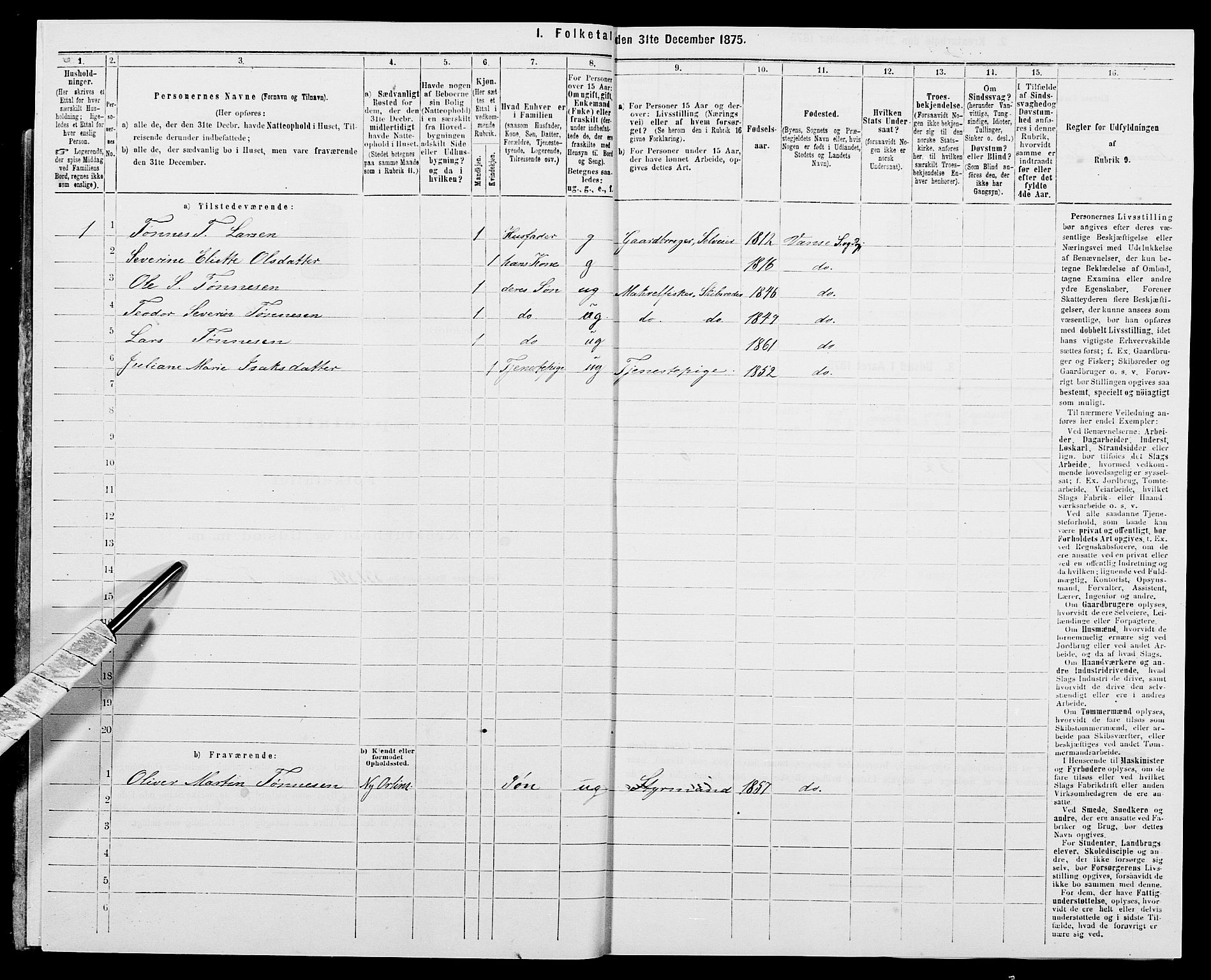 SAK, 1875 census for 1041L Vanse/Vanse og Farsund, 1875, p. 1176