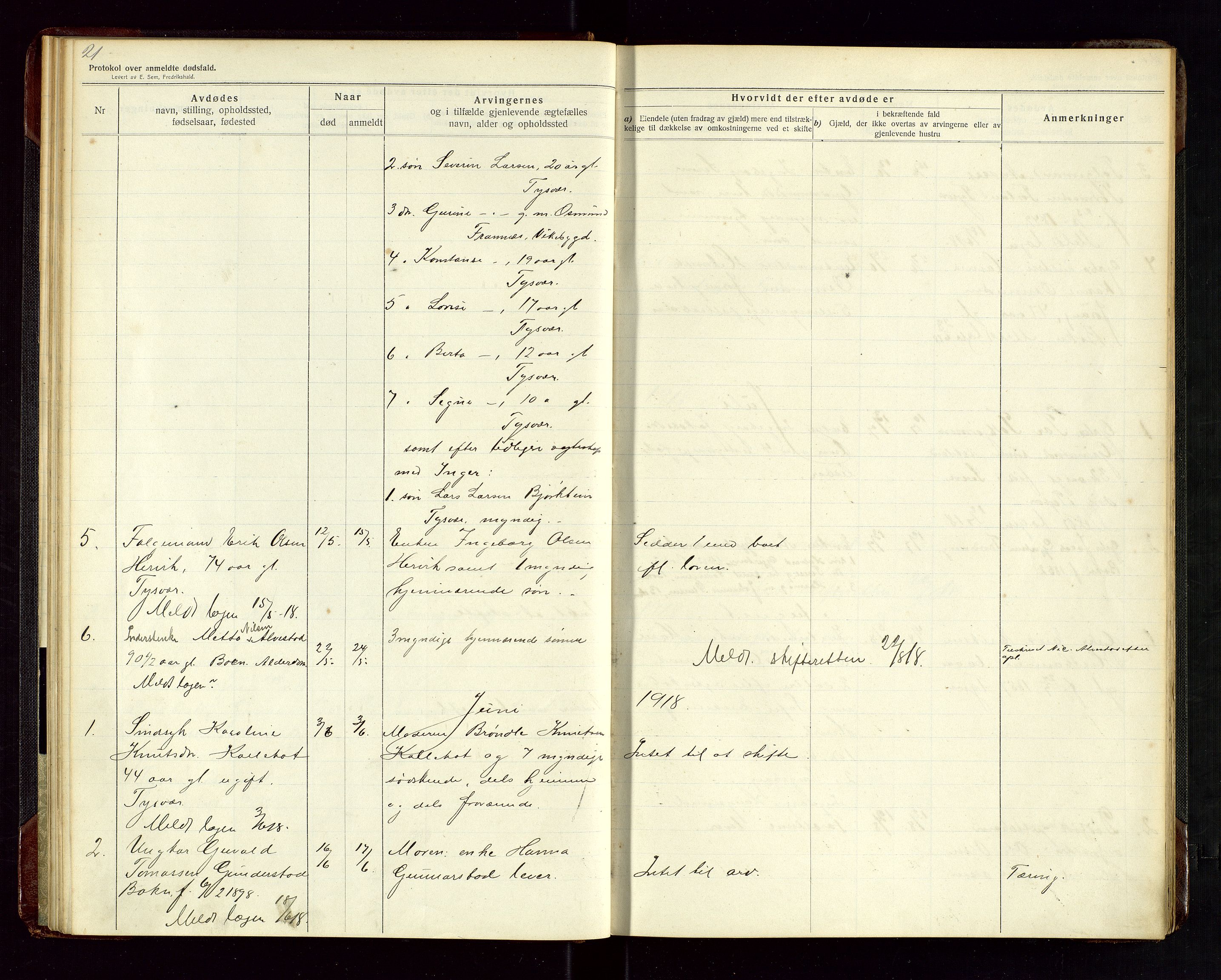 Tysvær lensmannskontor, AV/SAST-A-100192/Gga/L0003: "Protokol over anmeldte dødsfald i Tysvær" med register, 1916-1926, p. 21