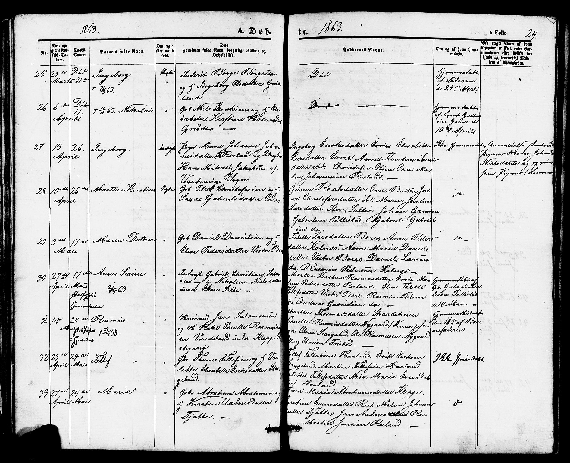 Klepp sokneprestkontor, AV/SAST-A-101803/001/3/30BB/L0002: Parish register (copy) no. B 2, 1860-1875, p. 24