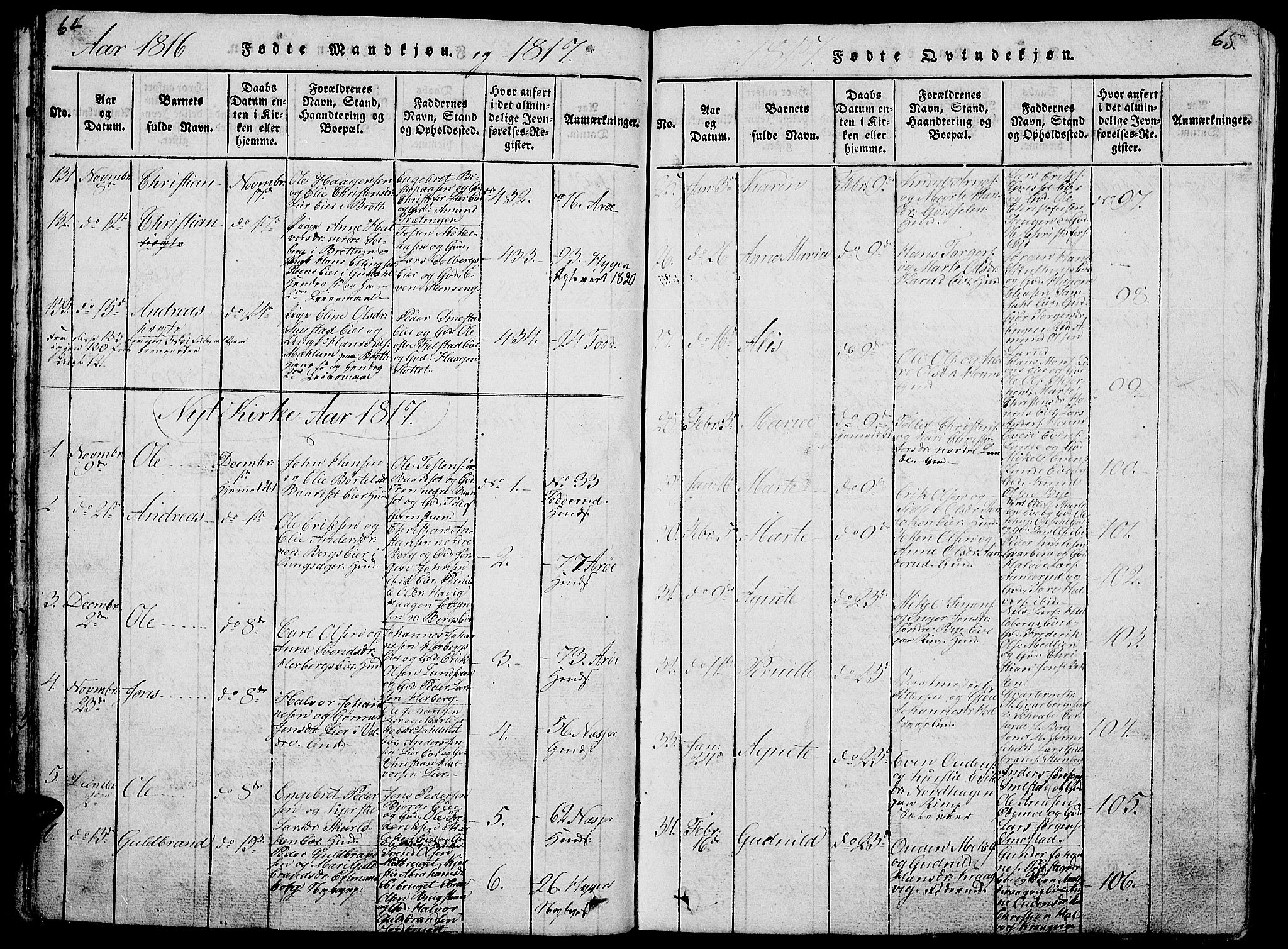 Ringsaker prestekontor, AV/SAH-PREST-014/L/La/L0001: Parish register (copy) no. 1, 1814-1826, p. 64-65