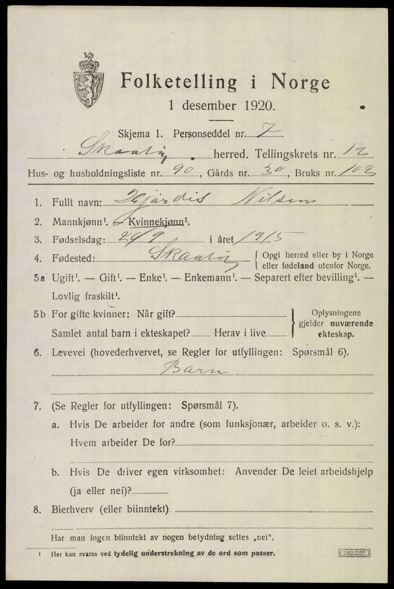 SAKO, 1920 census for Skåtøy, 1920, p. 9036