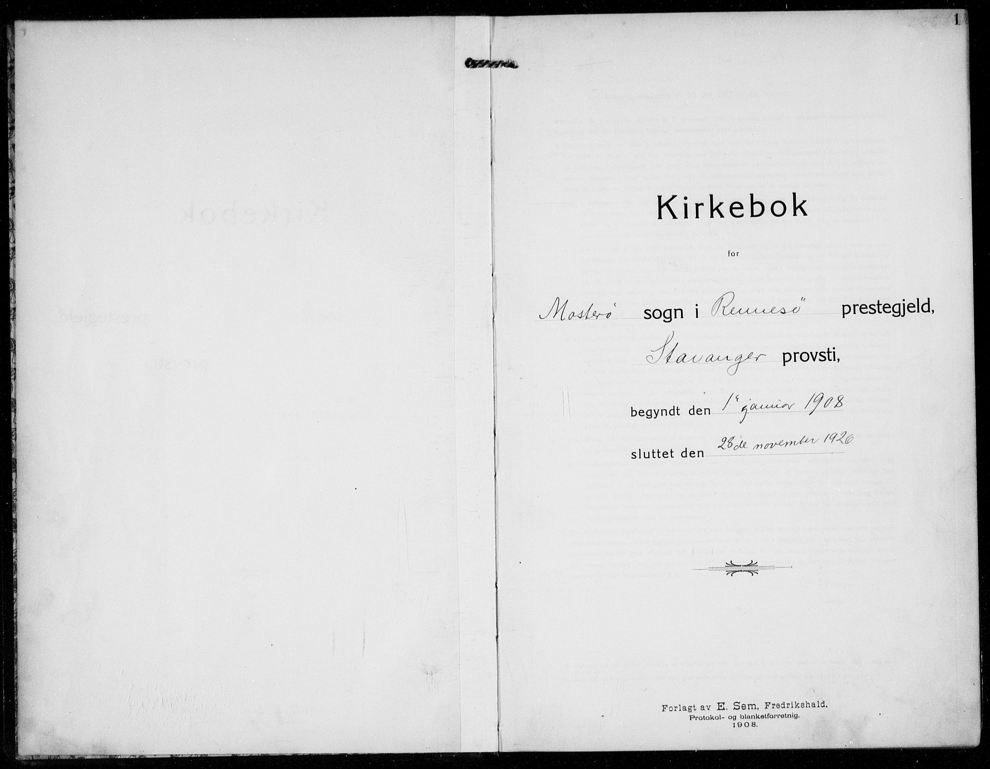 Rennesøy sokneprestkontor, SAST/A -101827/H/Ha/Haa/L0017: Parish register (official) no. A 17, 1908-1926, p. 1