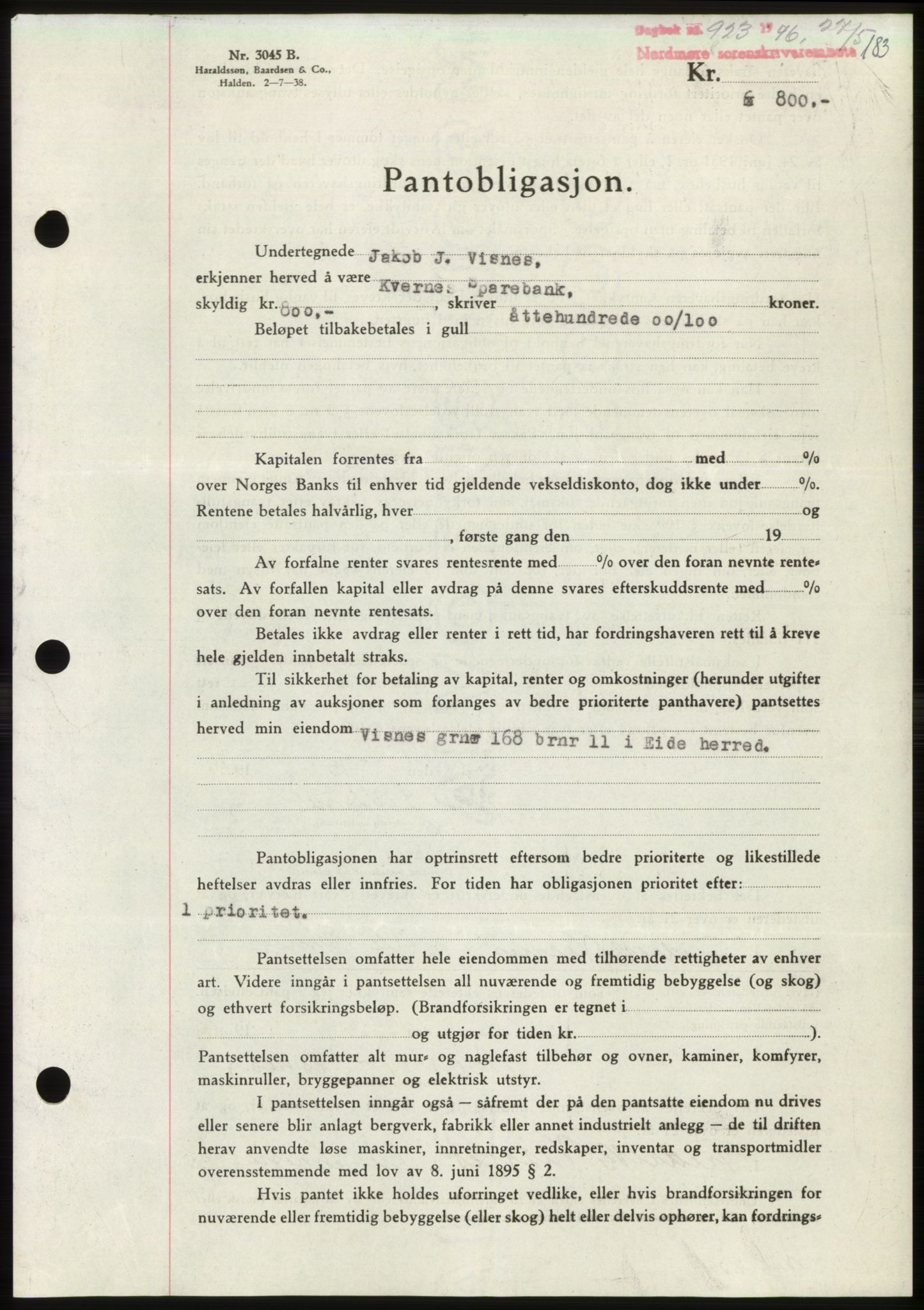 Nordmøre sorenskriveri, AV/SAT-A-4132/1/2/2Ca: Mortgage book no. B94, 1946-1946, Diary no: : 923/1946