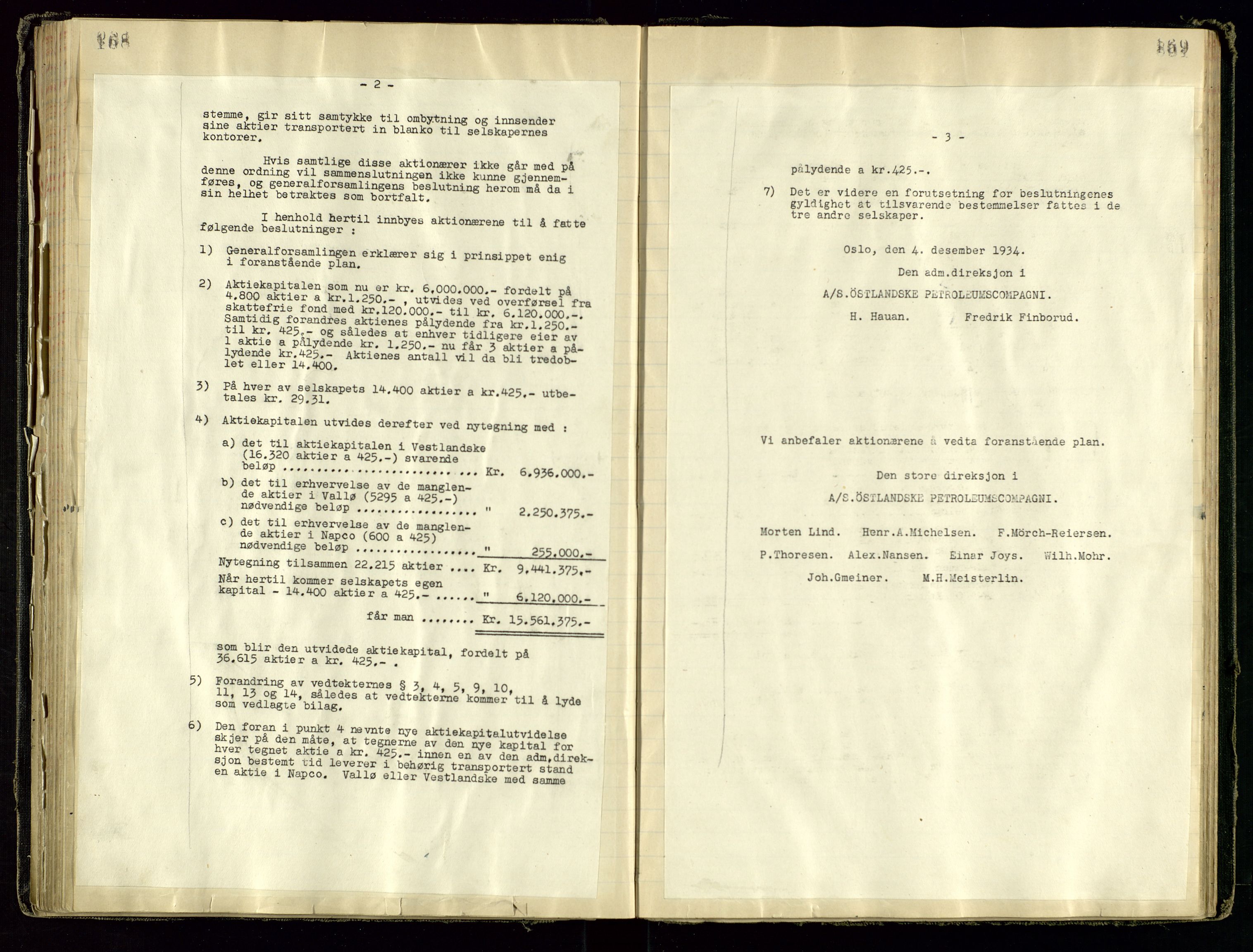 PA 1534 - Østlandske Petroleumscompagni A/S, AV/SAST-A-101954/A/Aa/L0001/0001: Generalforsamlinger og direksjonsprotokoller. / Protokoll for generalforsamlinger, 1892-1960, p. 168-169