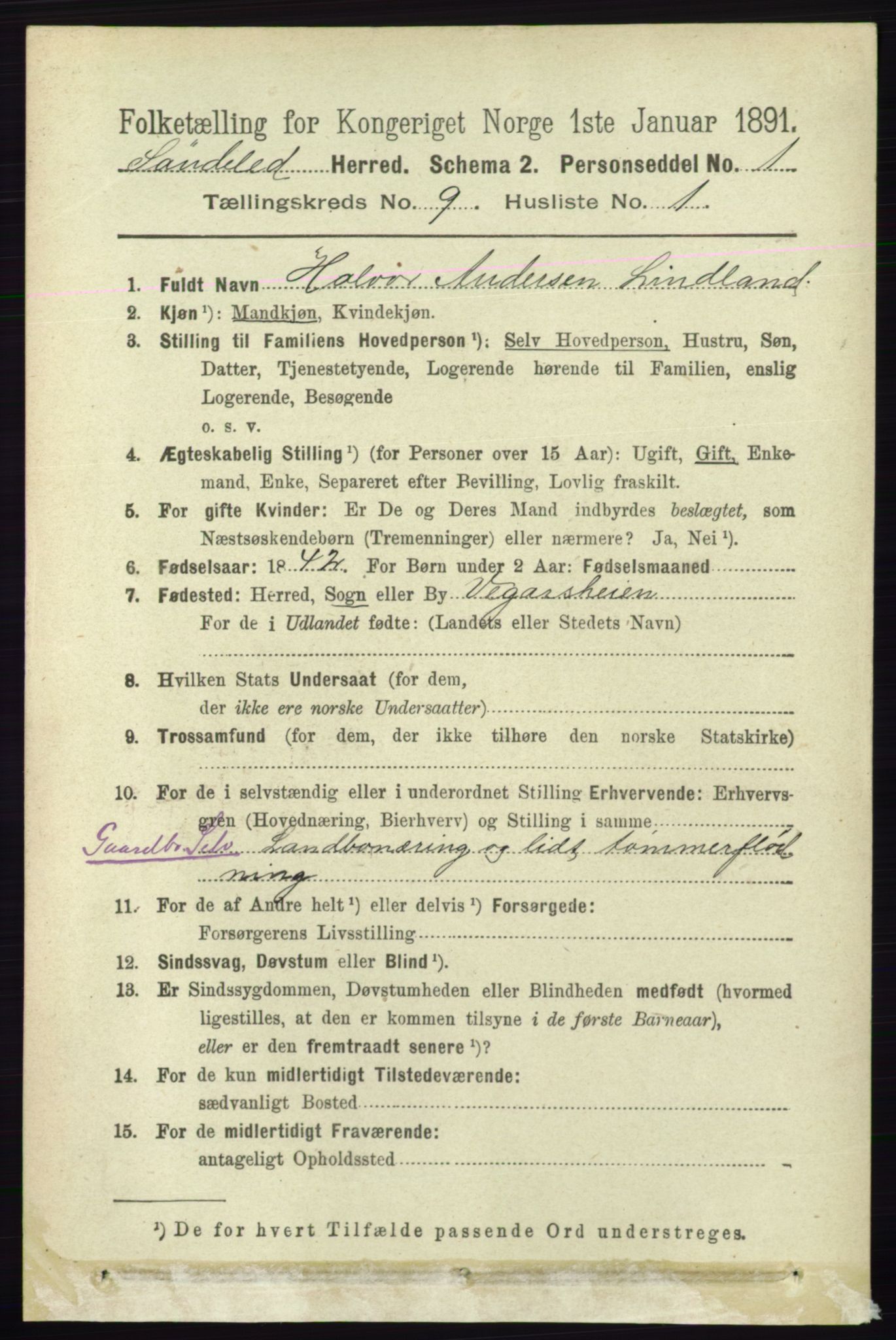 RA, 1891 census for 0913 Søndeled, 1891, p. 2862