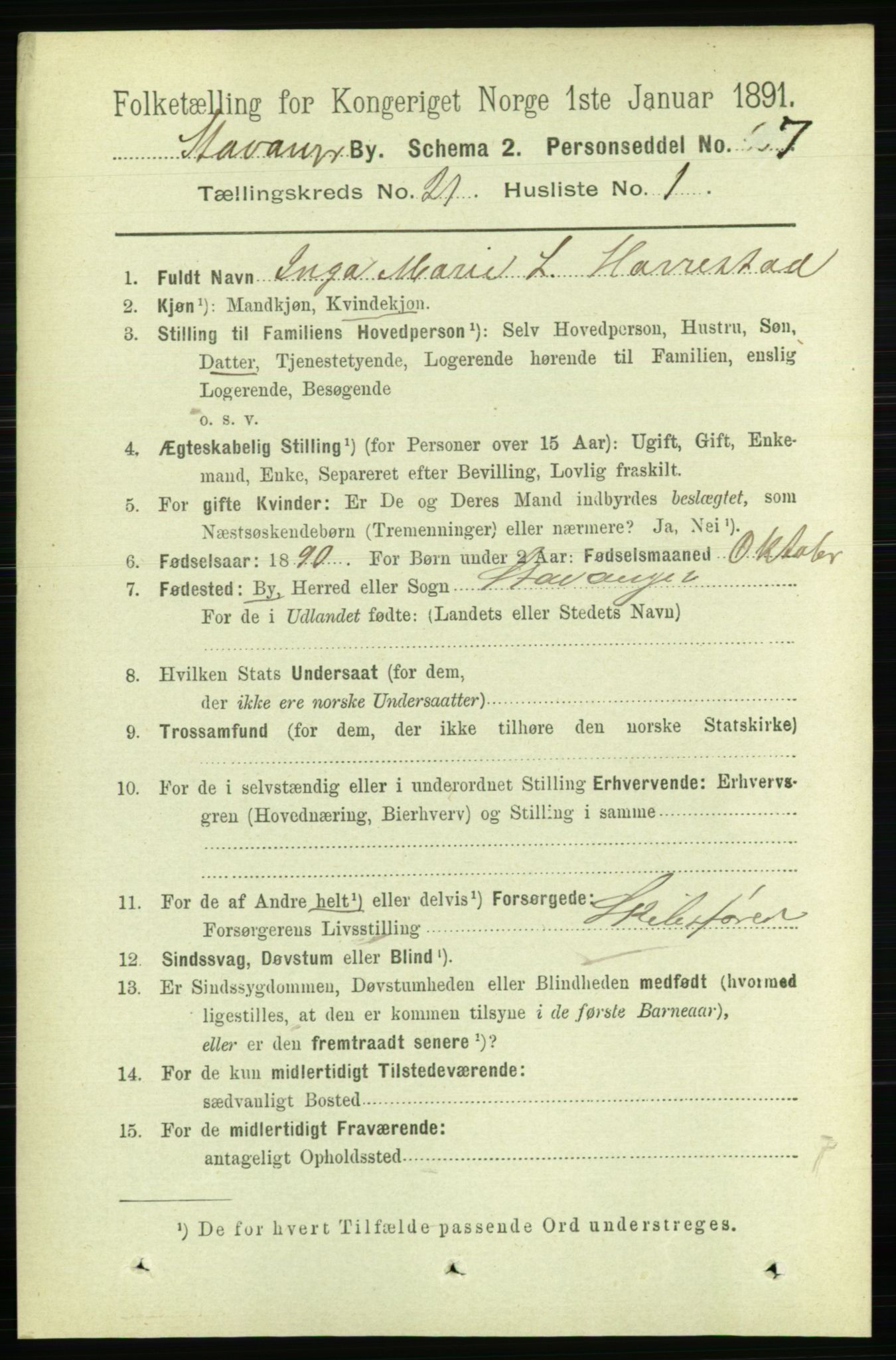 RA, 1891 census for 1103 Stavanger, 1891, p. 23511