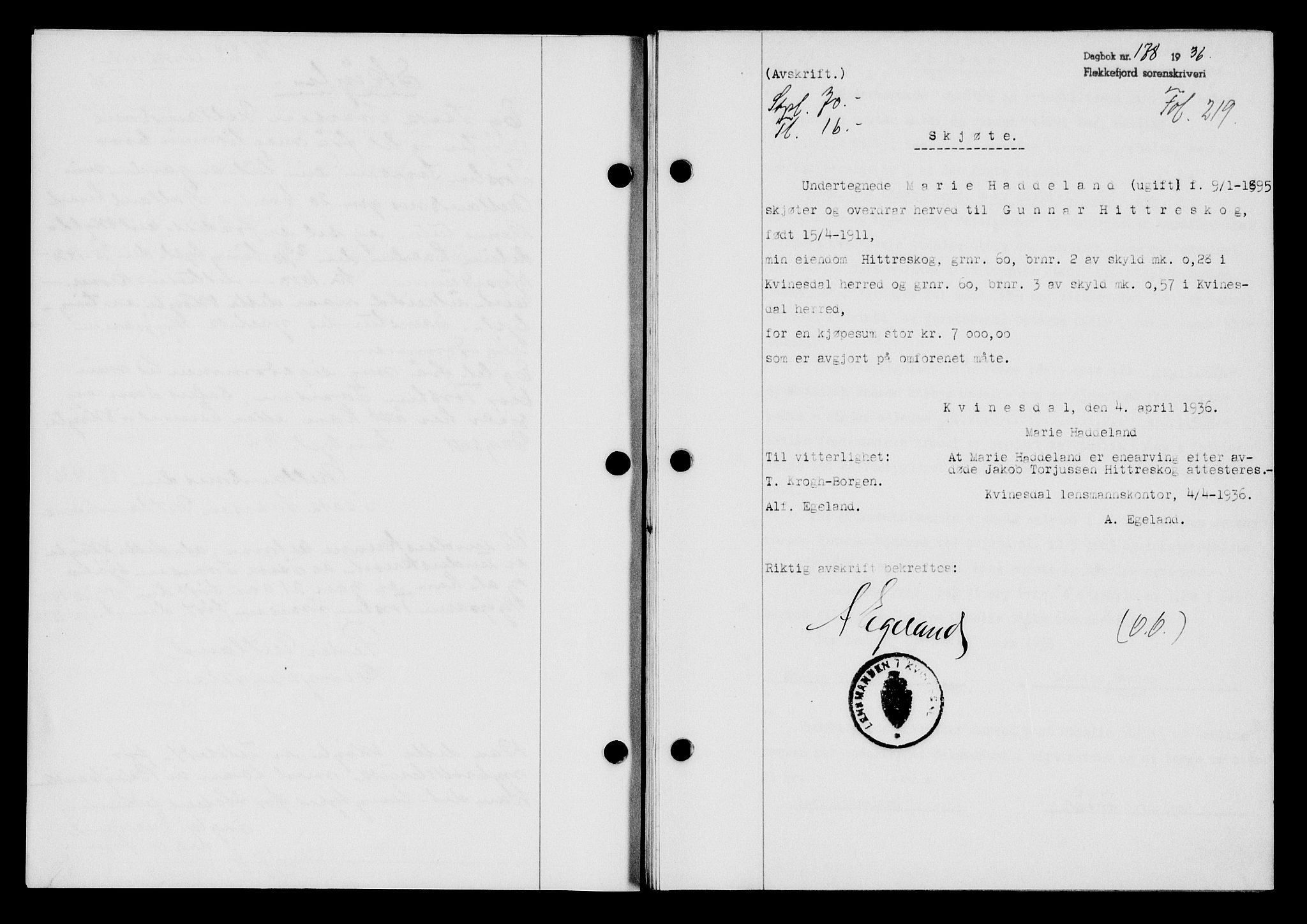 Flekkefjord sorenskriveri, SAK/1221-0001/G/Gb/Gba/L0053: Mortgage book no. A-1, 1936-1937, Diary no: : 178/1936