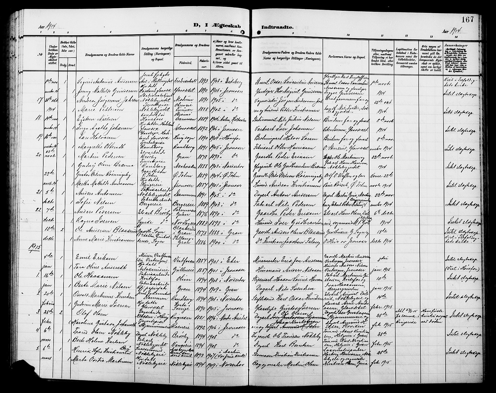 Jevnaker prestekontor, SAH/PREST-116/H/Ha/Hab/L0004: Parish register (copy) no. 4, 1907-1918, p. 167