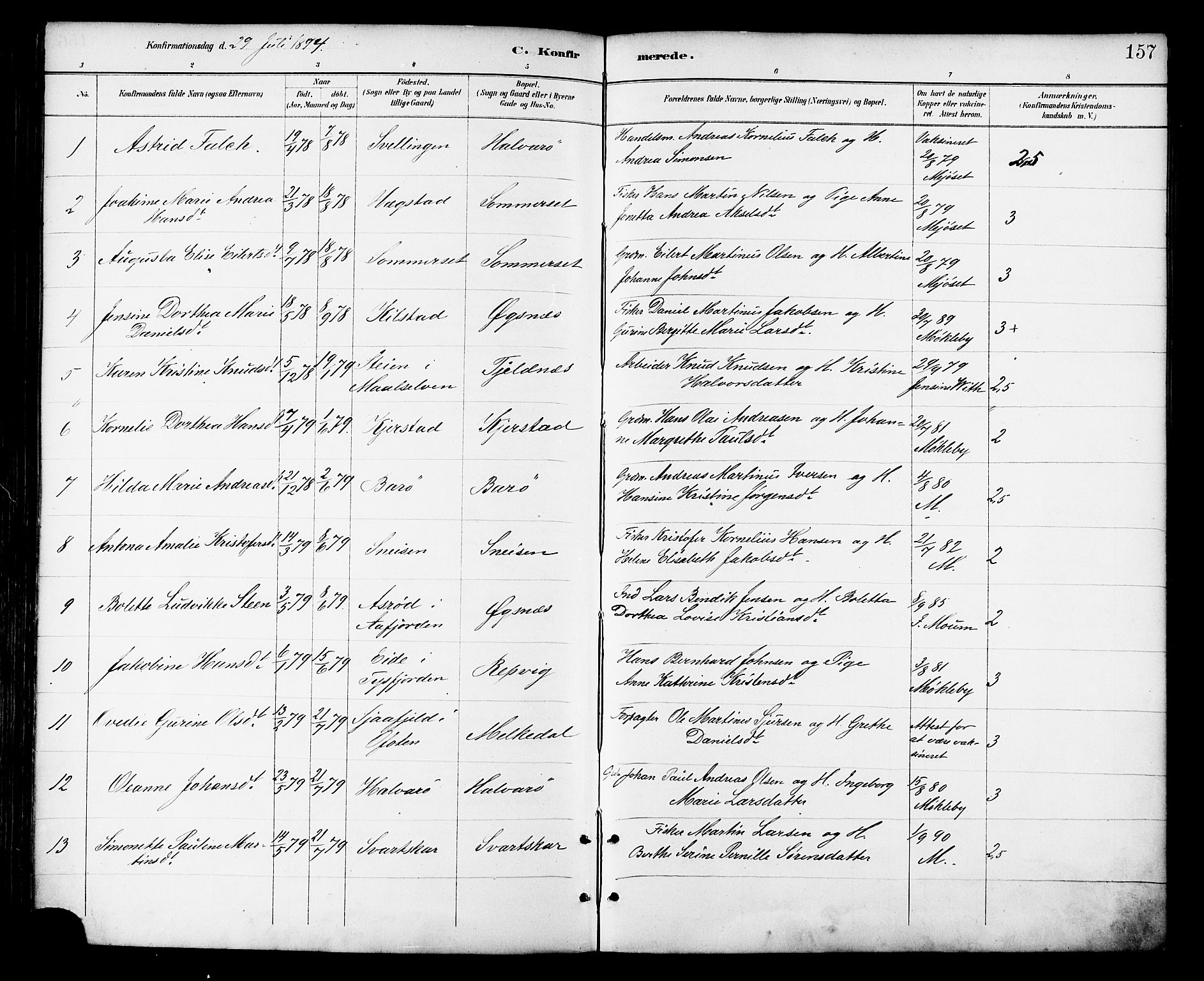 Ministerialprotokoller, klokkerbøker og fødselsregistre - Nordland, AV/SAT-A-1459/872/L1035: Parish register (official) no. 872A10, 1884-1896, p. 157