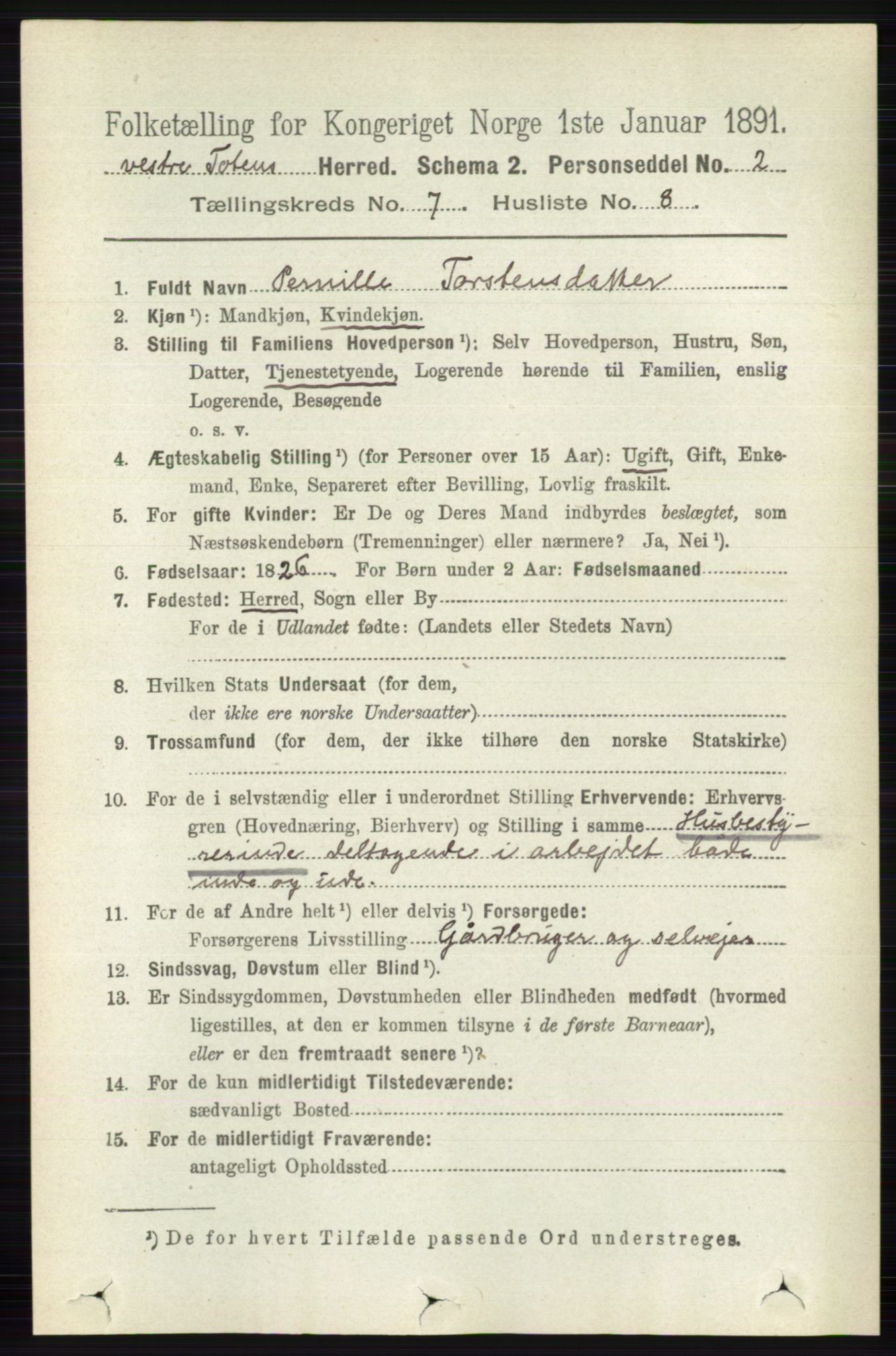 RA, 1891 census for 0529 Vestre Toten, 1891, p. 4411