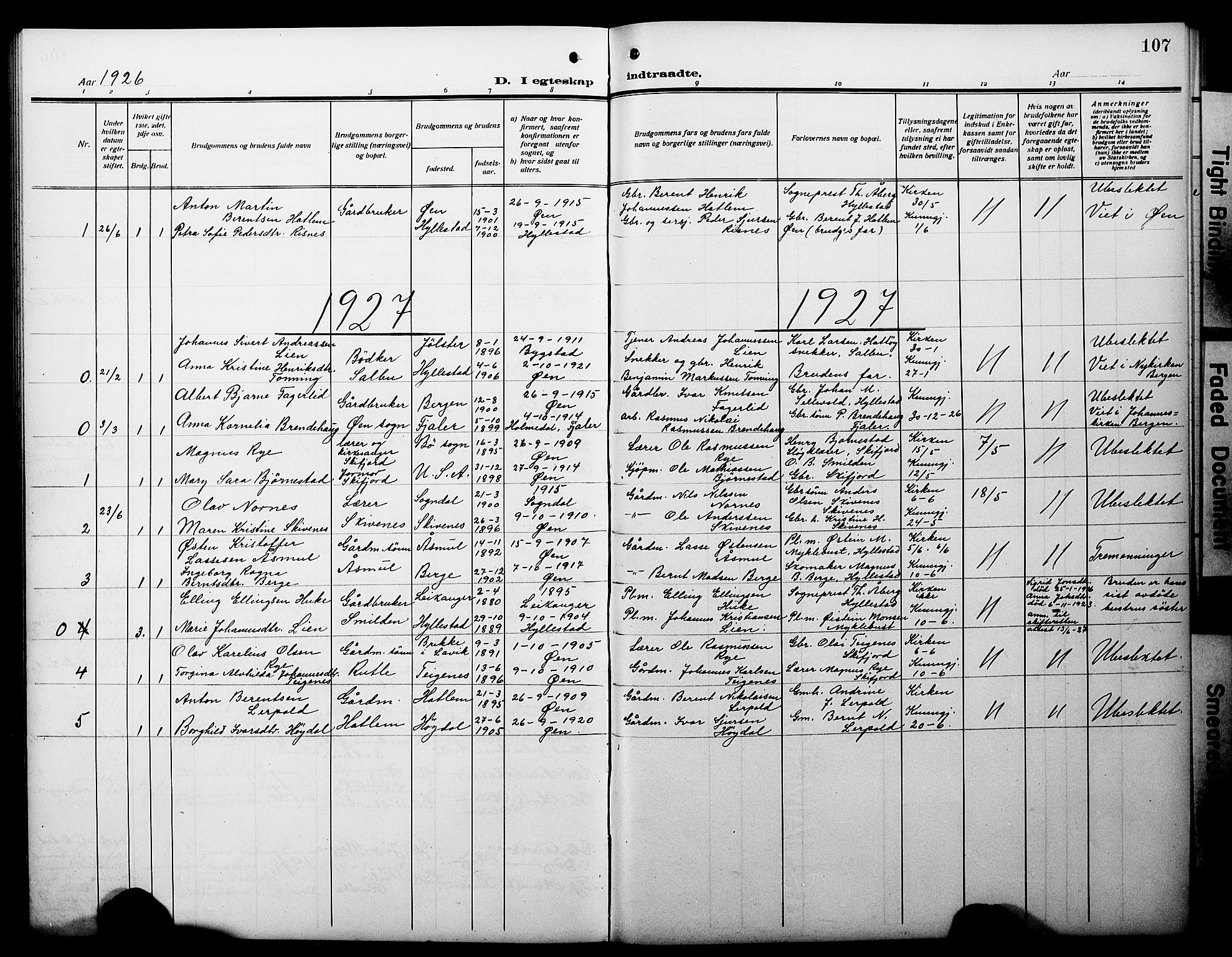 Hyllestad sokneprestembete, AV/SAB-A-80401: Parish register (copy) no. C 4, 1914-1927, p. 107